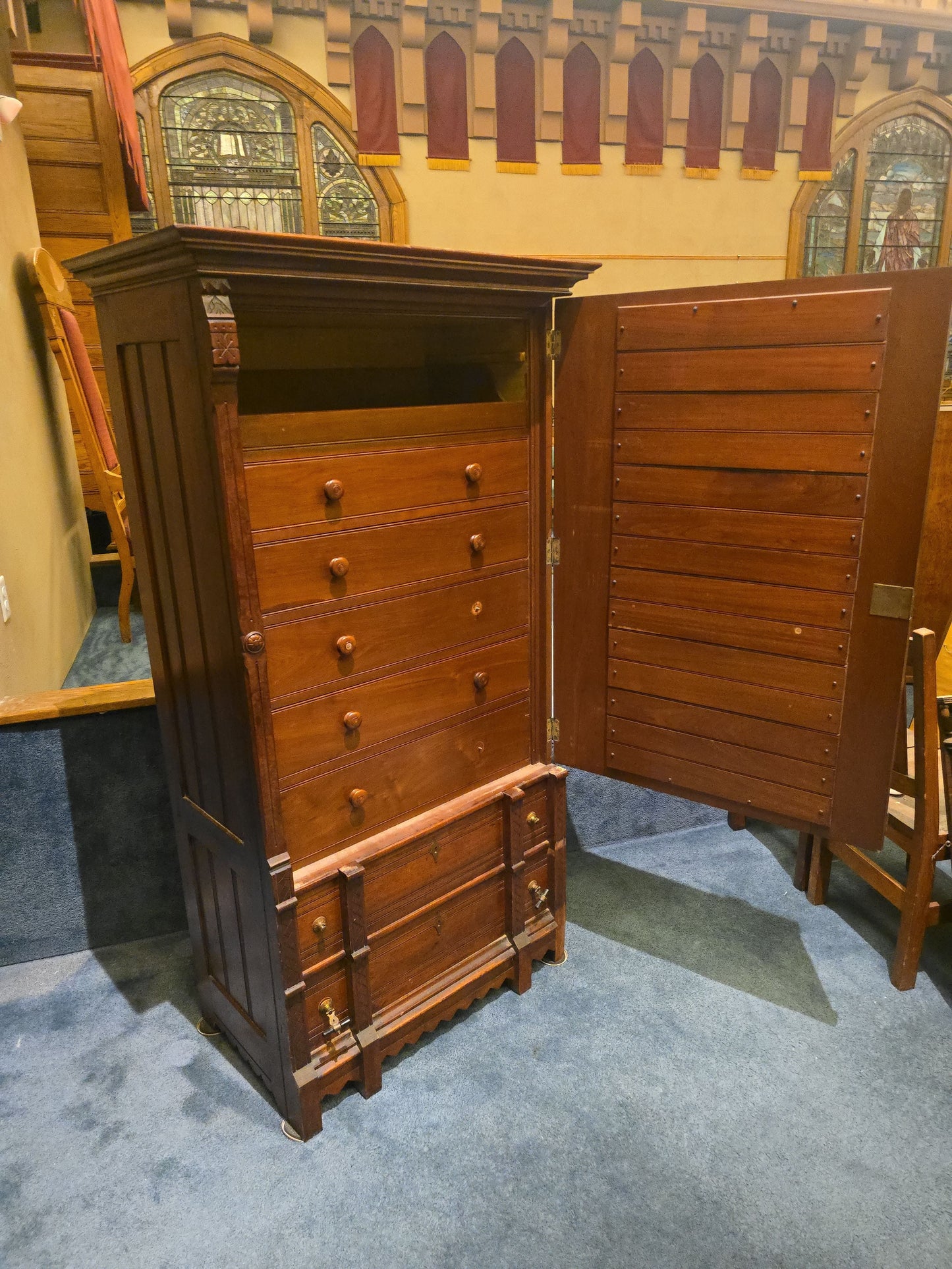 Antique Eastlake Walnut Mirrored Door Cabinet with Interior Drawers and Knapp Joinery