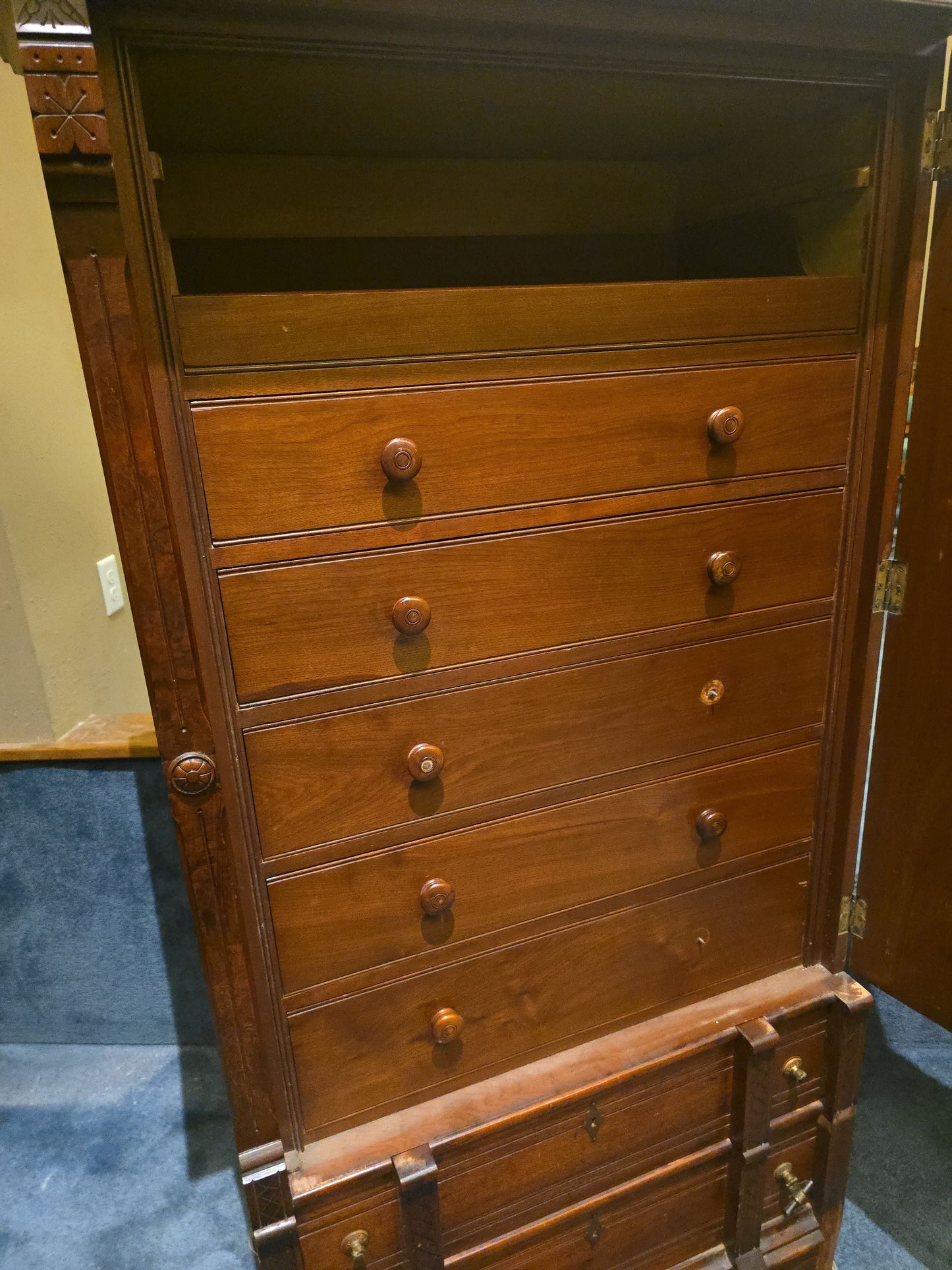 Antique Eastlake Walnut Mirrored Door Cabinet with Interior Drawers and Knapp Joinery