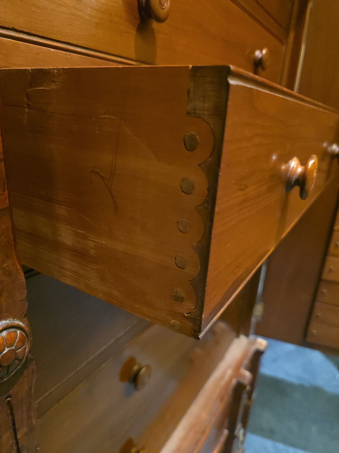 Antique Eastlake Walnut Mirrored Door Cabinet with Interior Drawers and Knapp Joinery