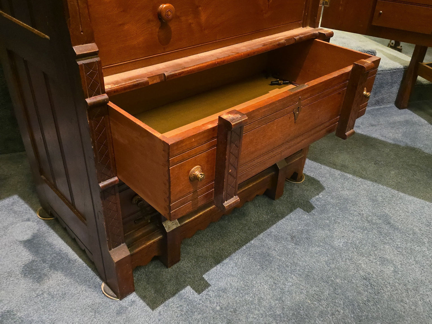 Antique Eastlake Walnut Mirrored Door Cabinet with Interior Drawers and Knapp Joinery
