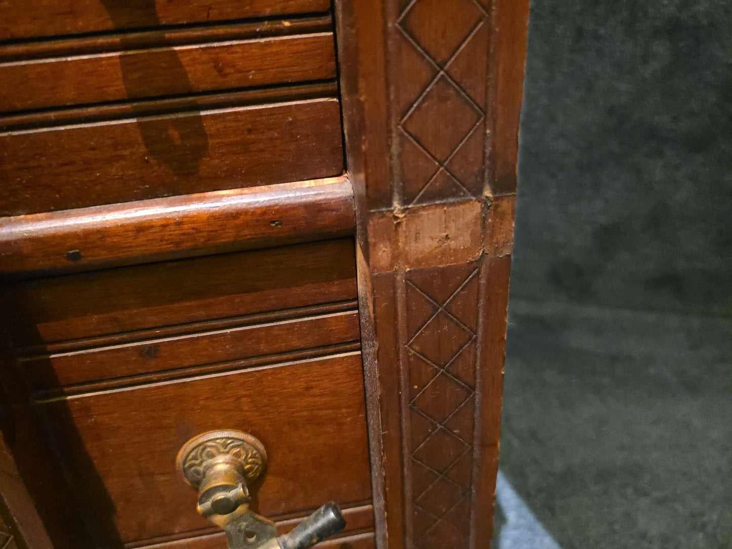 Antique Eastlake Walnut Mirrored Door Cabinet with Interior Drawers and Knapp Joinery