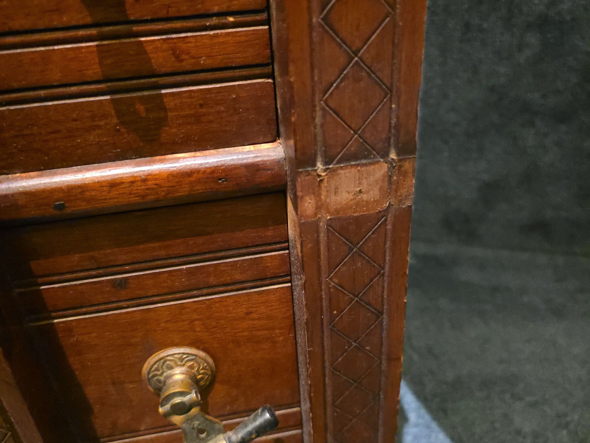 Antique Eastlake Walnut Mirrored Door Cabinet with Interior Drawers and Knapp Joinery