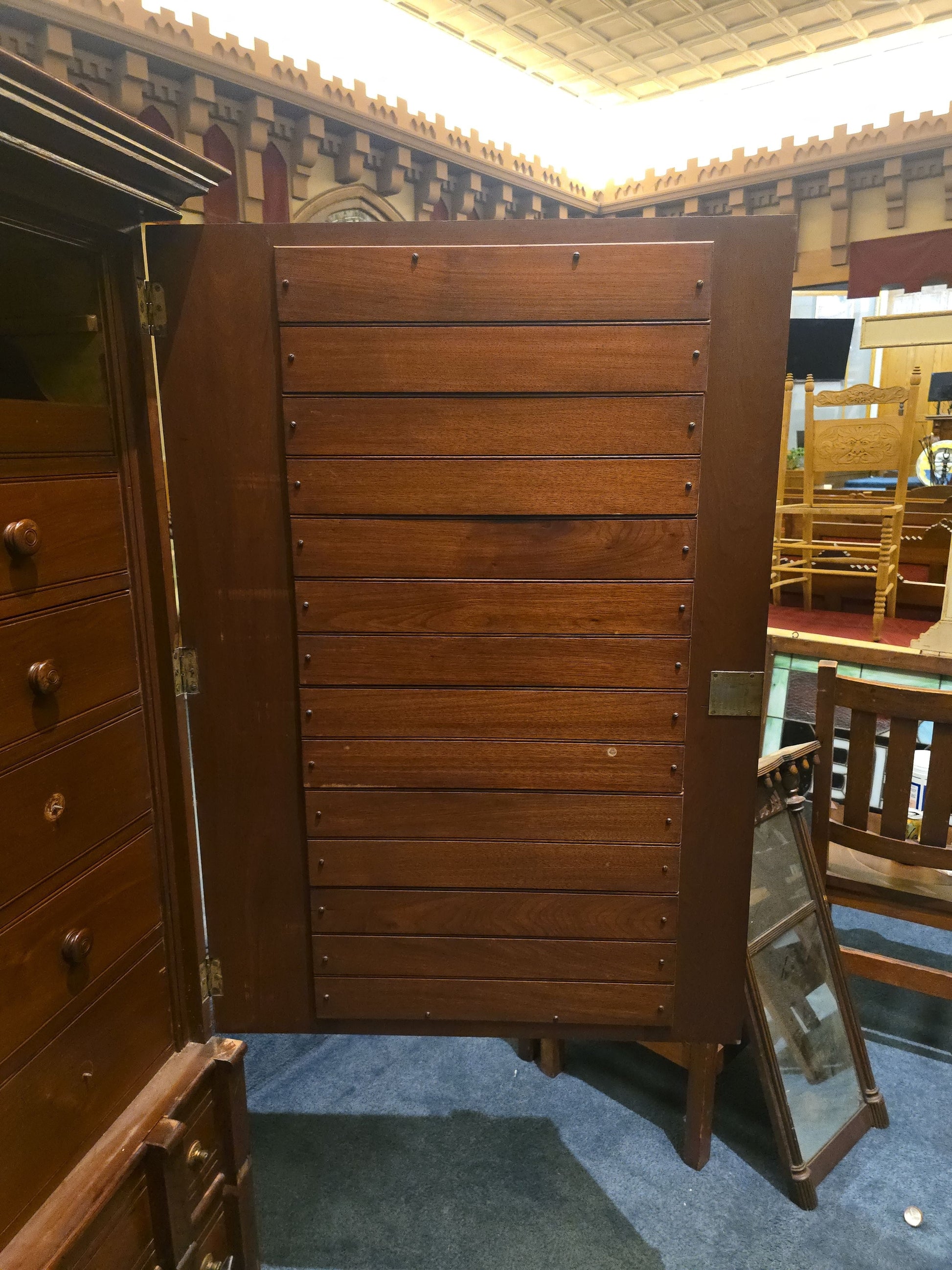 Antique Eastlake Walnut Mirrored Door Cabinet with Interior Drawers and Knapp Joinery