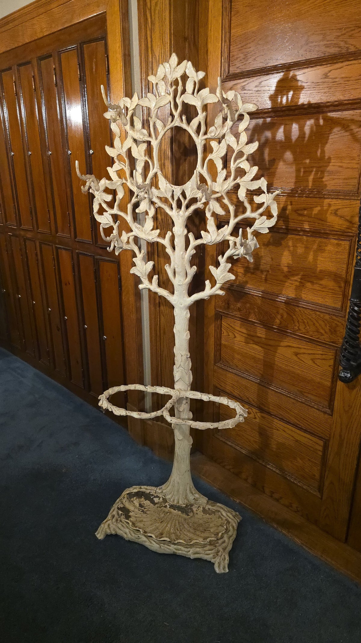 Antique Cast Iron Tree-Form Hall Tree and Umbrella Stand, Patented November 13, 1858, with Removable Drip Tray, Note Damage