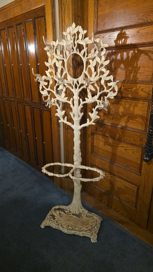 Antique Cast Iron Tree-Form Hall Tree and Umbrella Stand, Patented November 13, 1858, with Removable Drip Tray, Note Damage