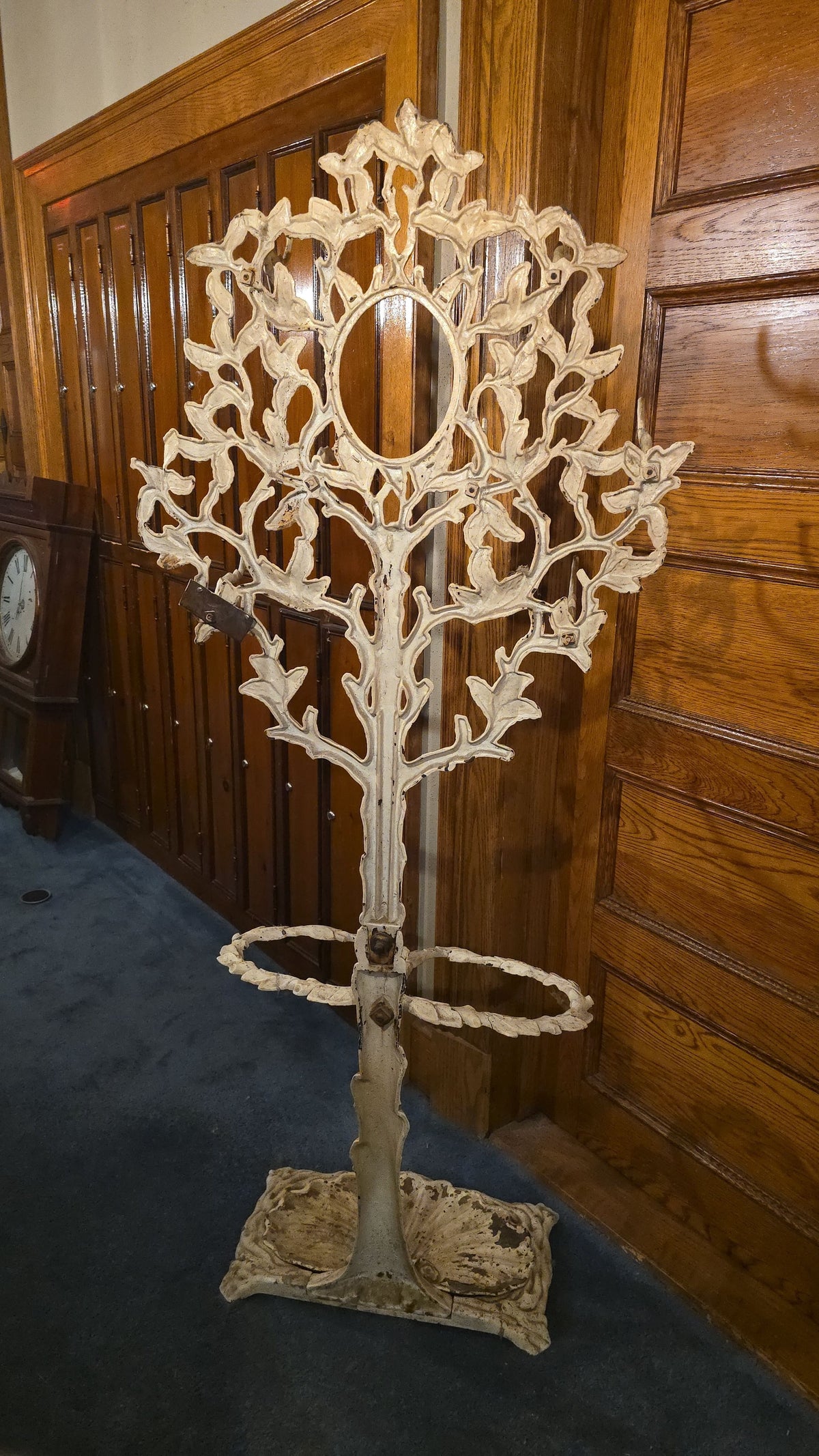 Antique Cast Iron Tree-Form Hall Tree and Umbrella Stand, Patented November 13, 1858, with Removable Drip Tray, Note Damage