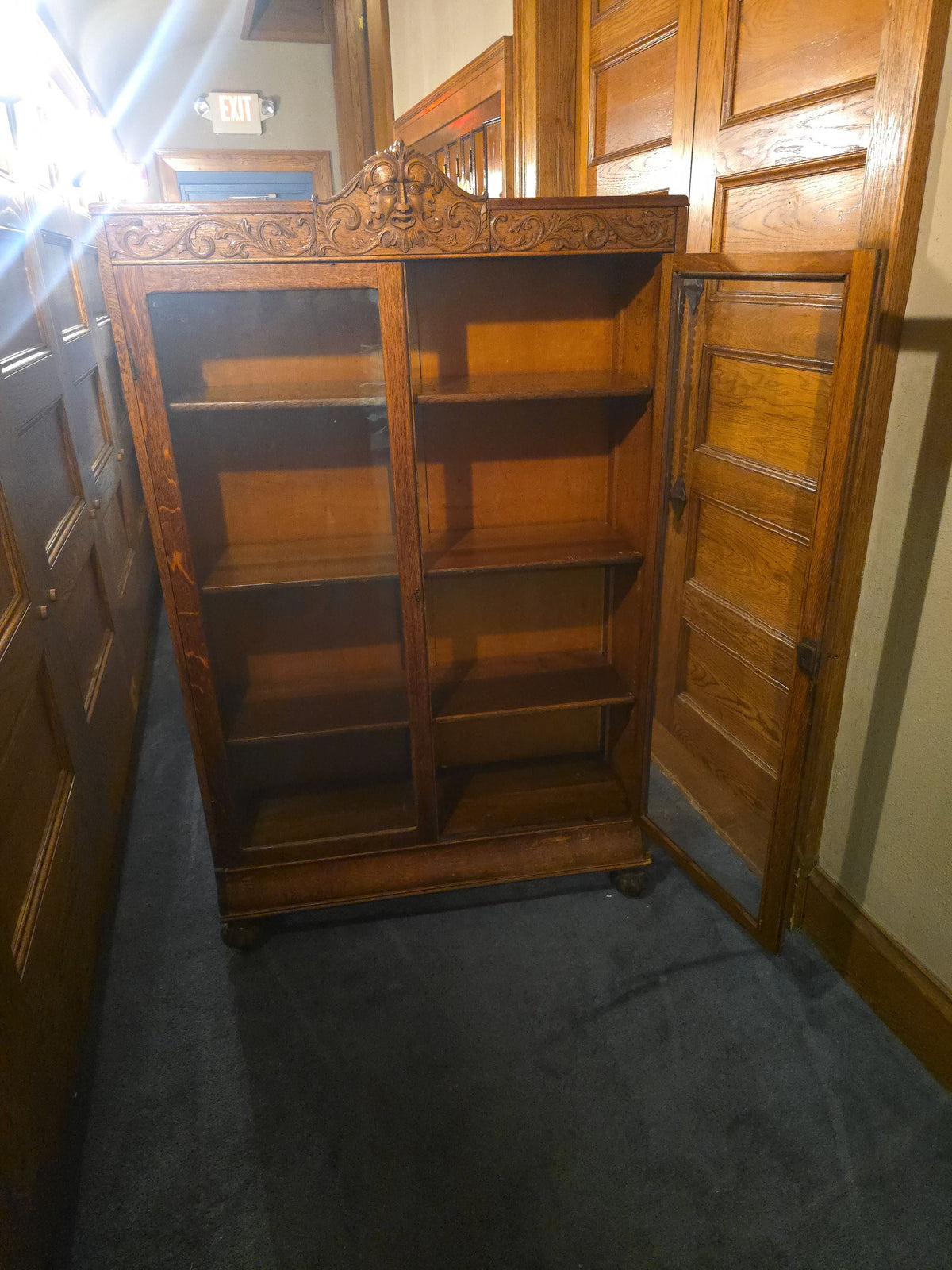 Antique Carved Oak Green Man Two-Door Glass Front Bookcase with Key