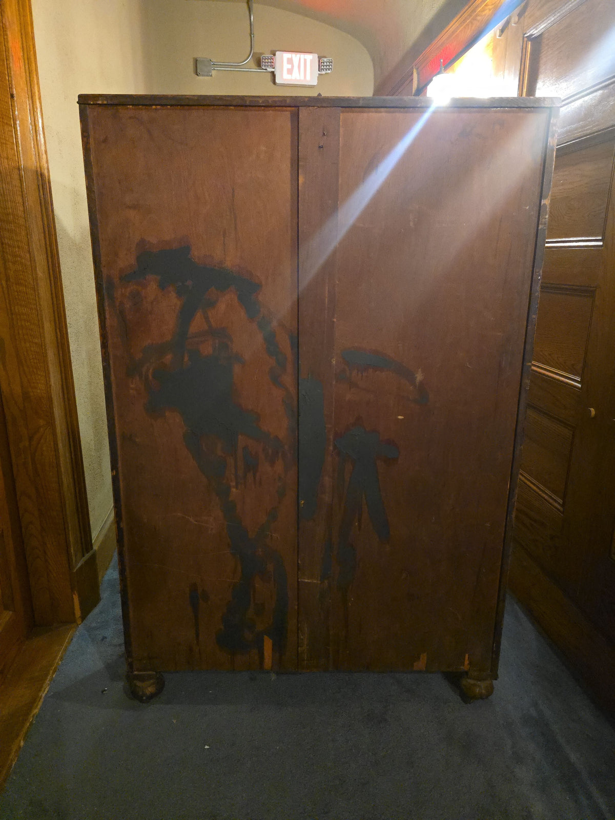 Antique Carved Oak Green Man Two-Door Glass Front Bookcase with Key