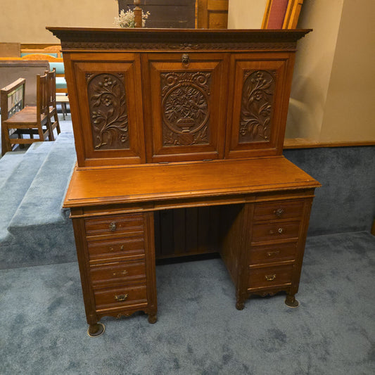 Antique Carved Fall-Front Cabinet Desk with Pigeonhole Interior and Hidden Kneehole Cabinet