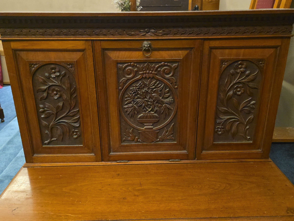 Antique Carved Fall-Front Cabinet Desk with Pigeonhole Interior and Hidden Kneehole Cabinet