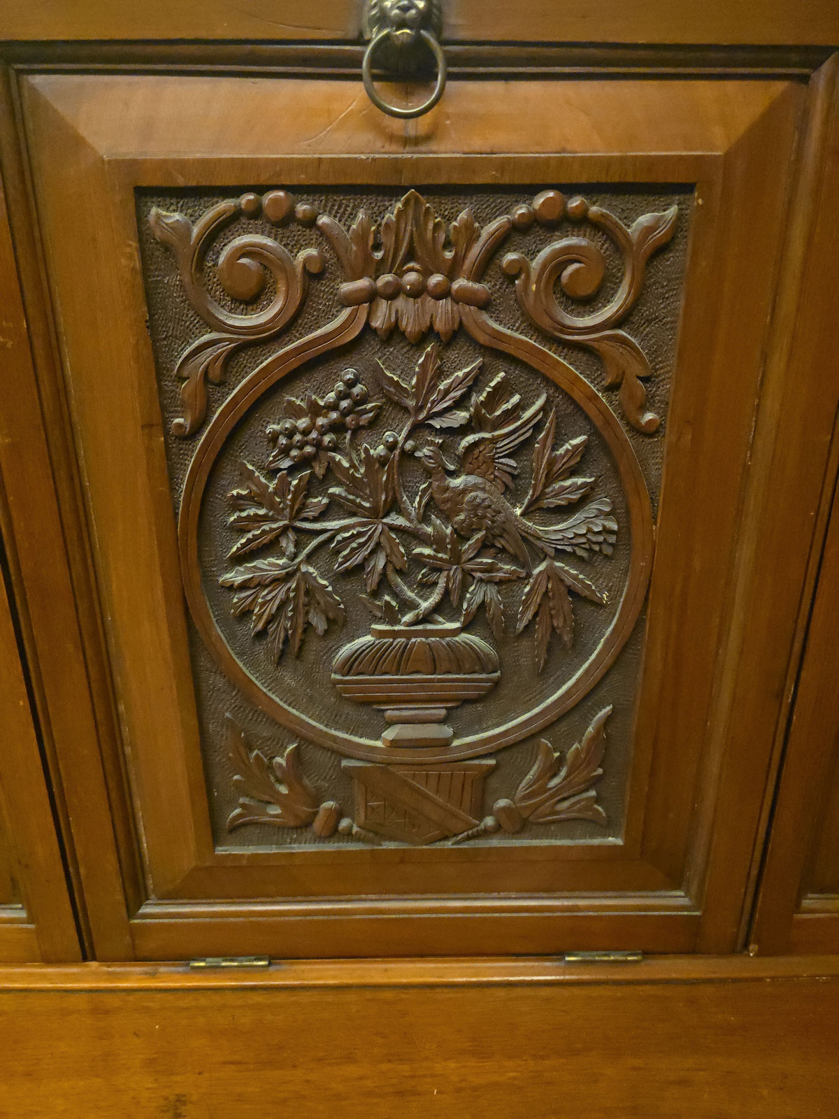 Antique Carved Fall-Front Cabinet Desk with Pigeonhole Interior and Hidden Kneehole Cabinet
