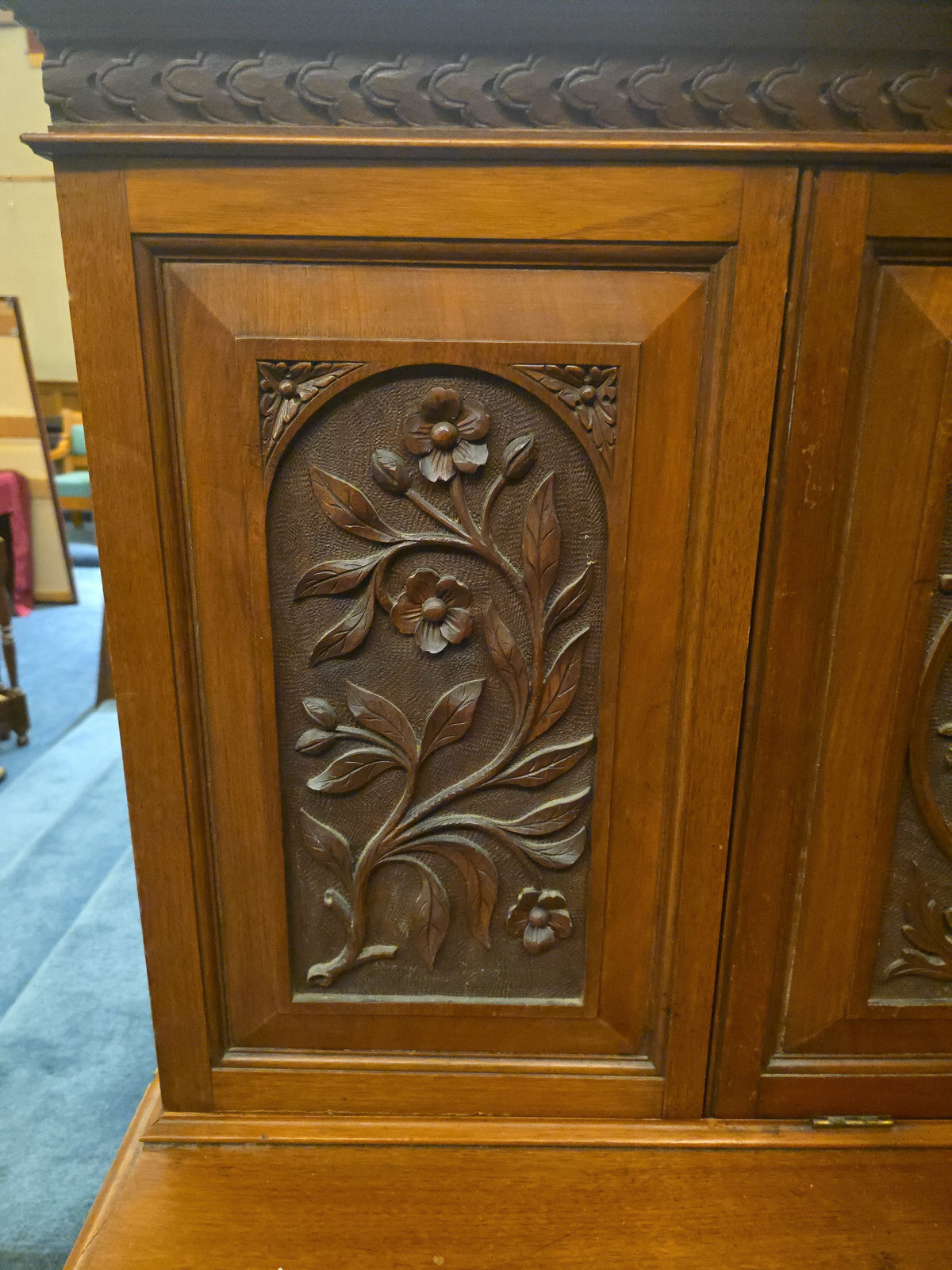 Antique Carved Fall-Front Cabinet Desk with Pigeonhole Interior and Hidden Kneehole Cabinet