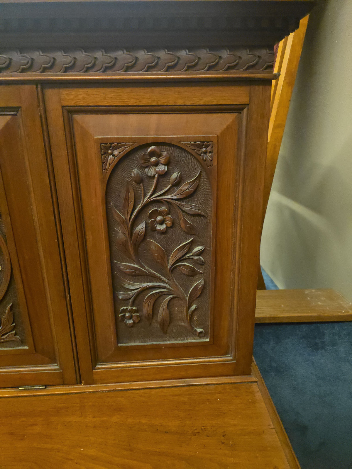 Antique Carved Fall-Front Cabinet Desk with Pigeonhole Interior and Hidden Kneehole Cabinet