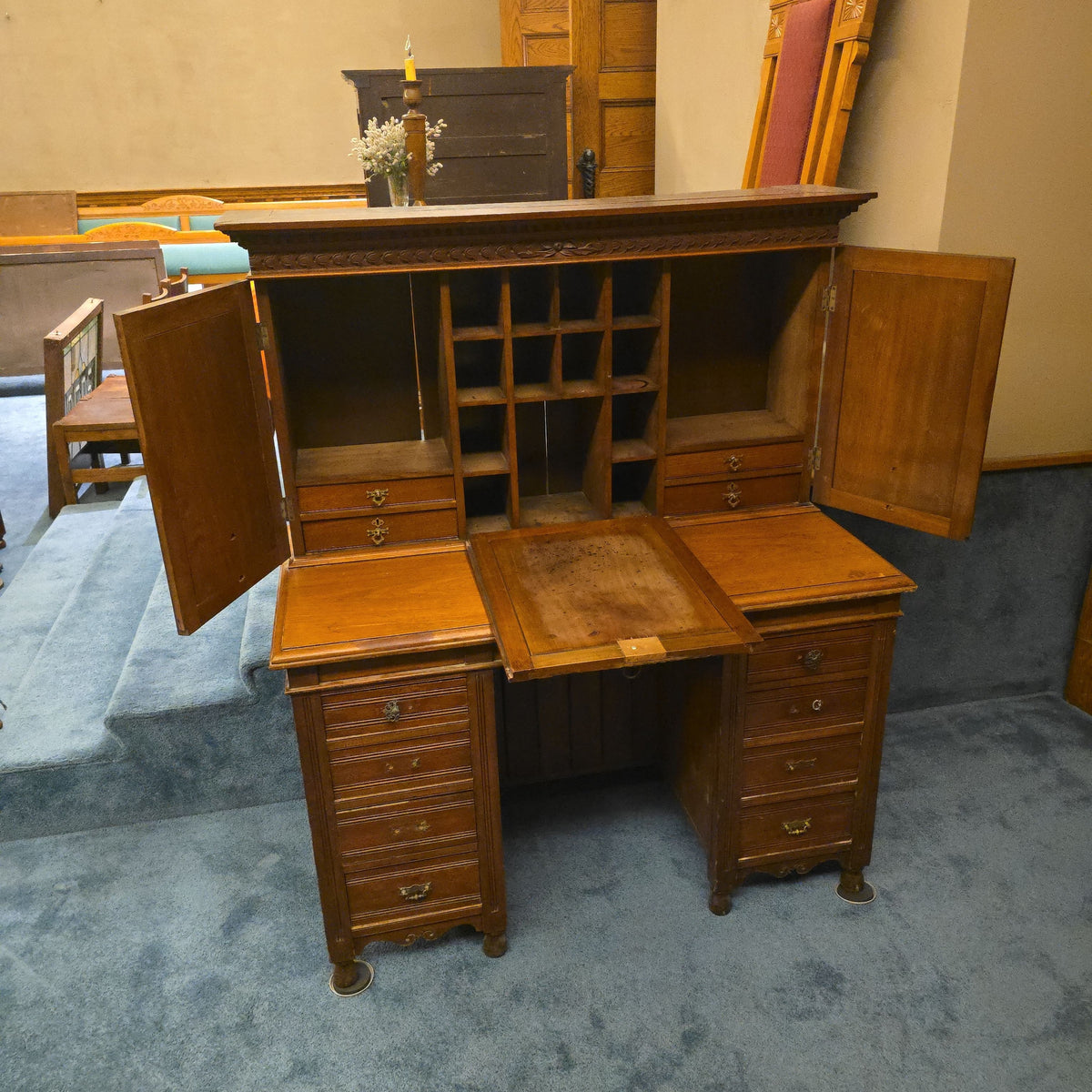 Antique Carved Fall-Front Cabinet Desk with Pigeonhole Interior and Hidden Kneehole Cabinet