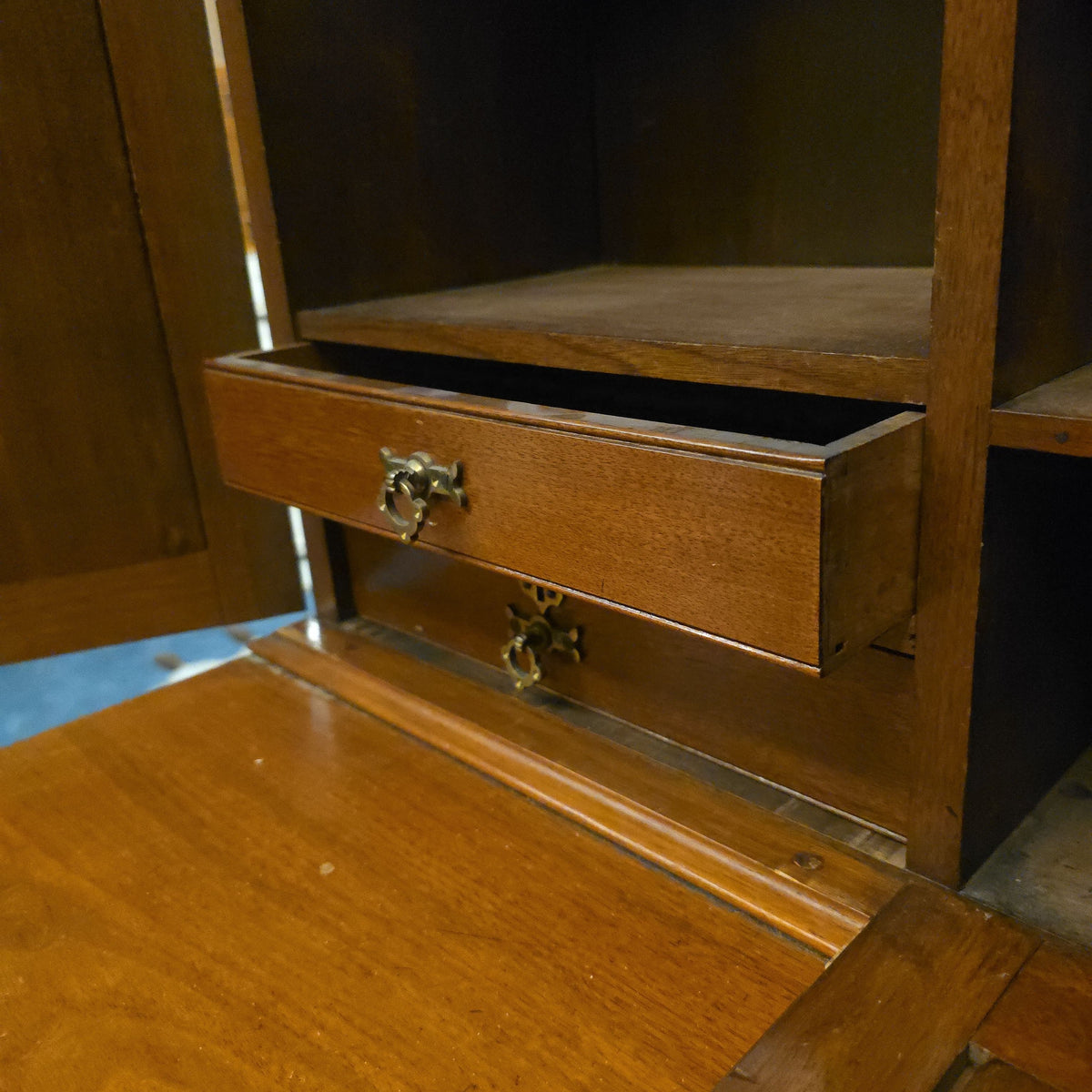 Antique Carved Fall-Front Cabinet Desk with Pigeonhole Interior and Hidden Kneehole Cabinet