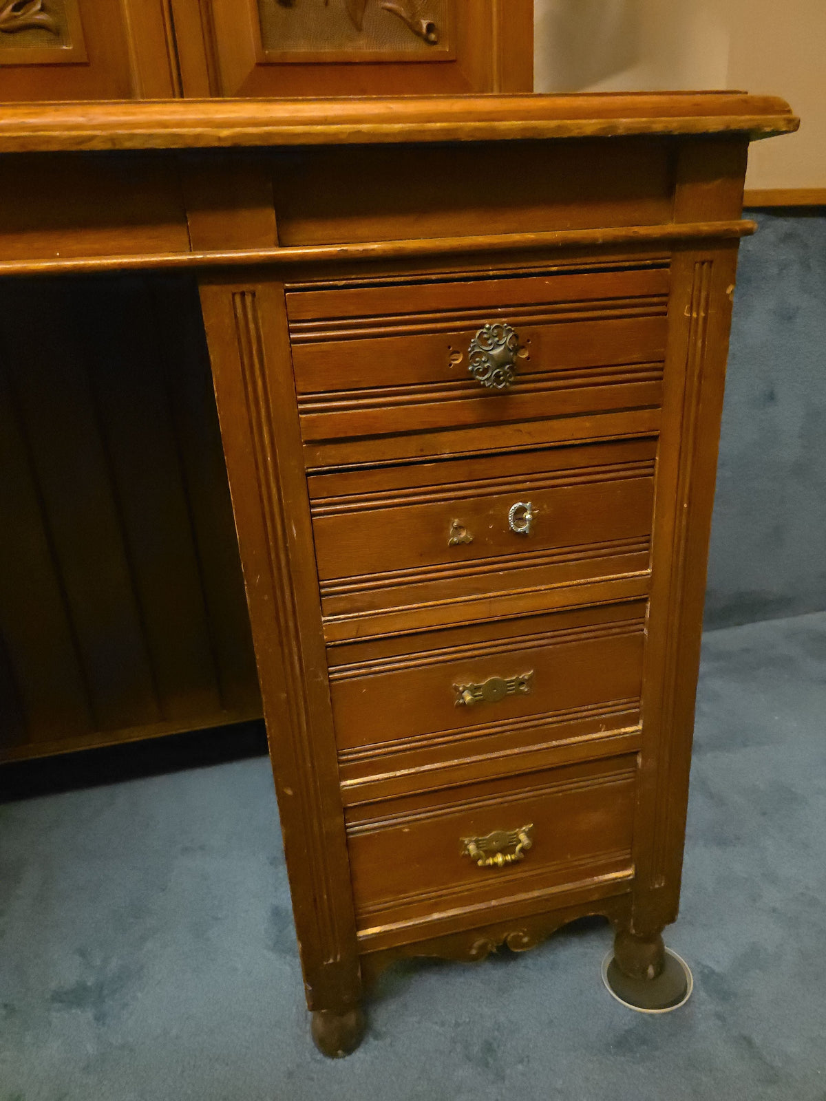 Antique Carved Fall-Front Cabinet Desk with Pigeonhole Interior and Hidden Kneehole Cabinet