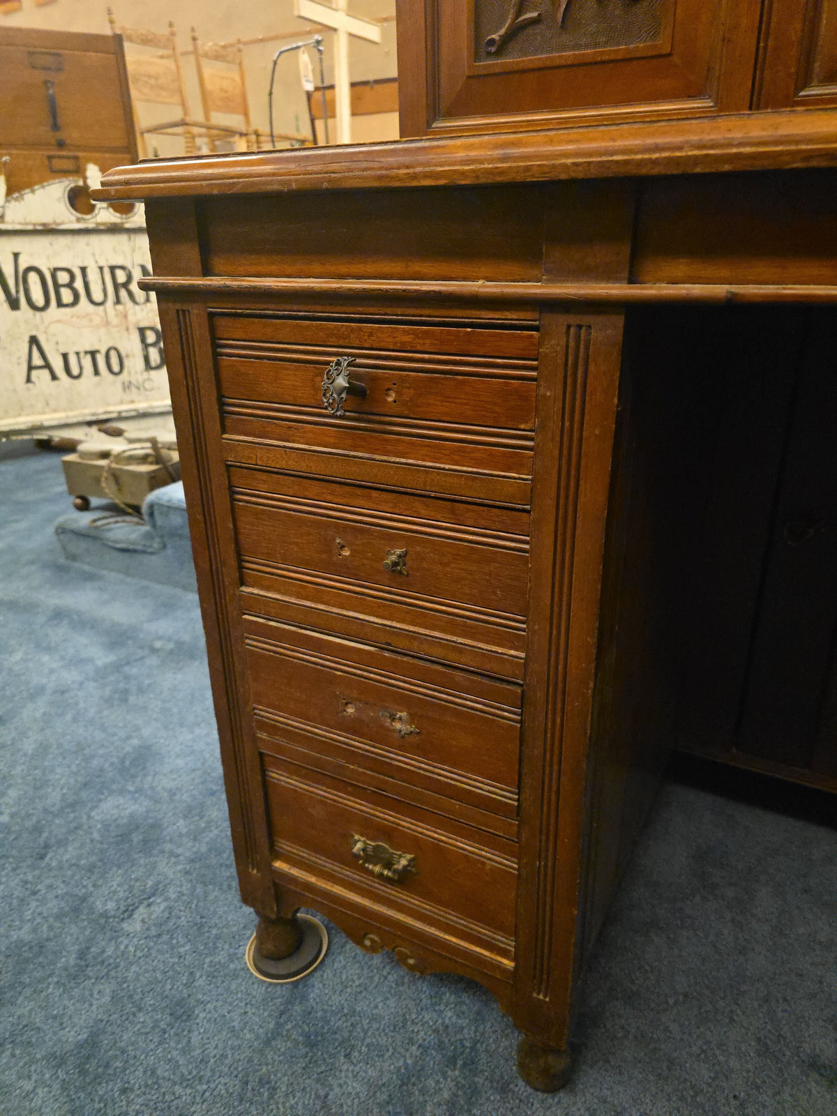 Antique Carved Fall-Front Cabinet Desk with Pigeonhole Interior and Hidden Kneehole Cabinet