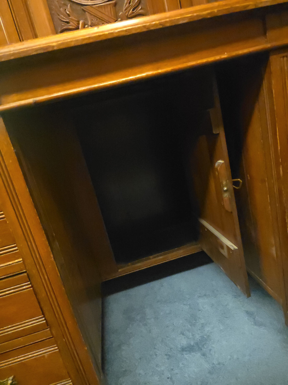 Antique Carved Fall-Front Cabinet Desk with Pigeonhole Interior and Hidden Kneehole Cabinet