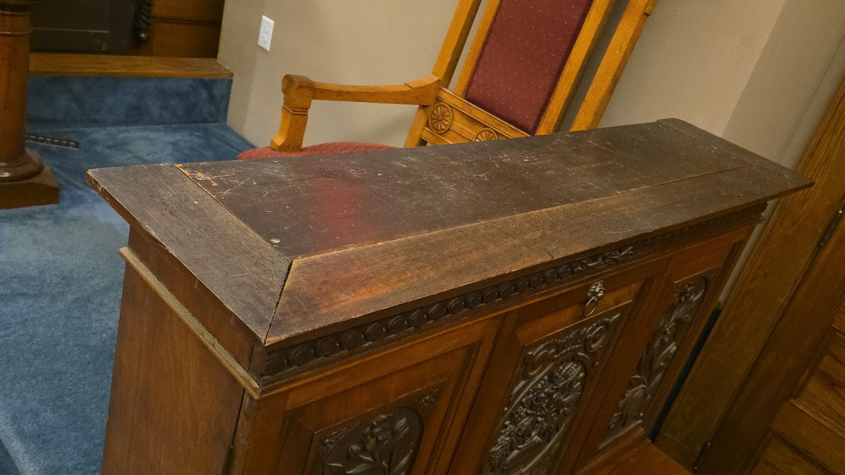 Antique Carved Fall-Front Cabinet Desk with Pigeonhole Interior and Hidden Kneehole Cabinet
