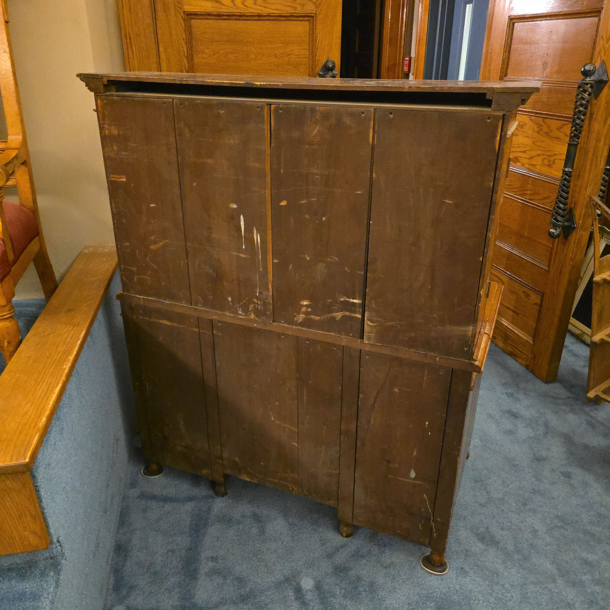 Antique Carved Fall-Front Cabinet Desk with Pigeonhole Interior and Hidden Kneehole Cabinet