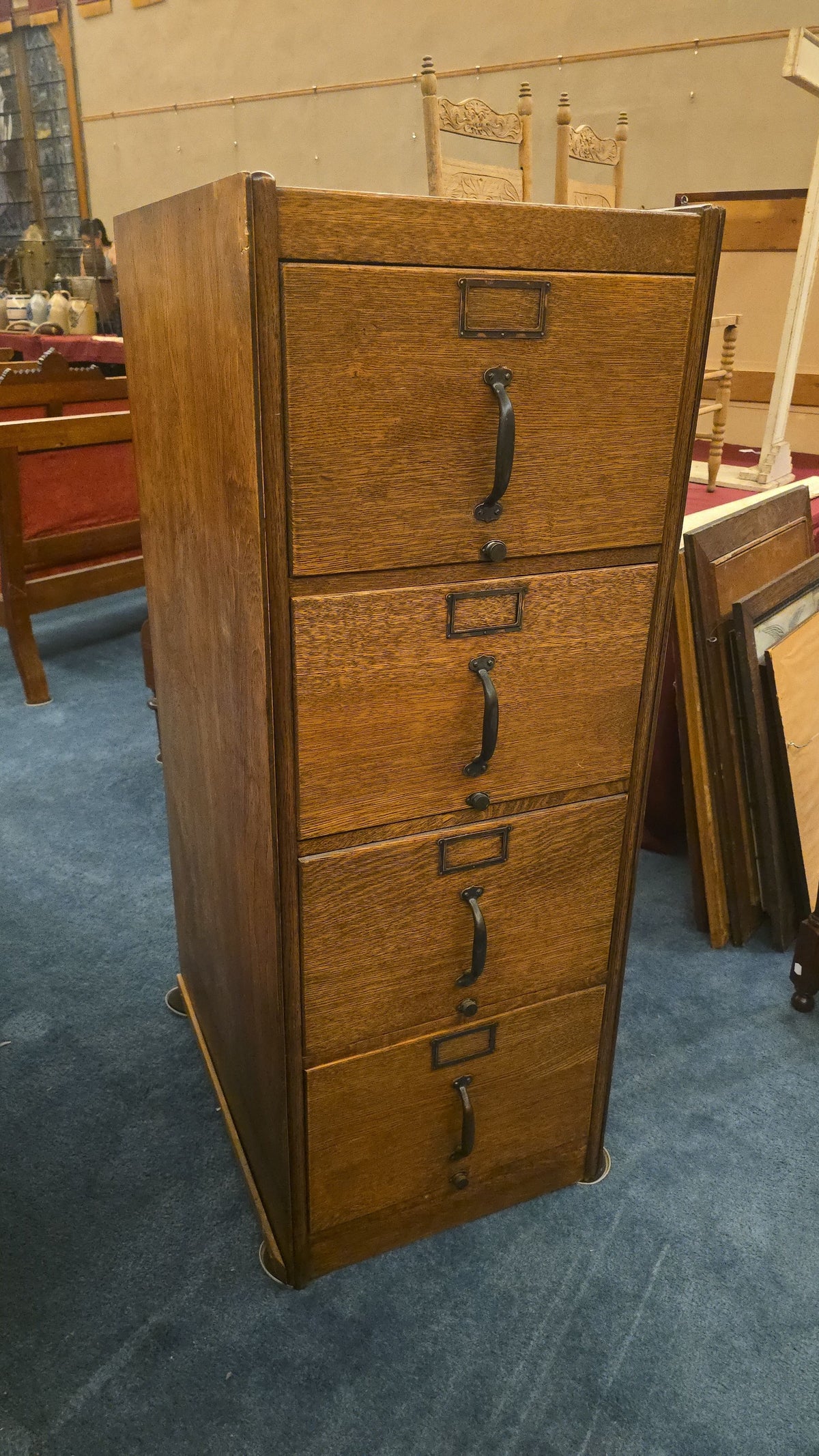 Antique Oak Four-Drawer Filing Cabinet
