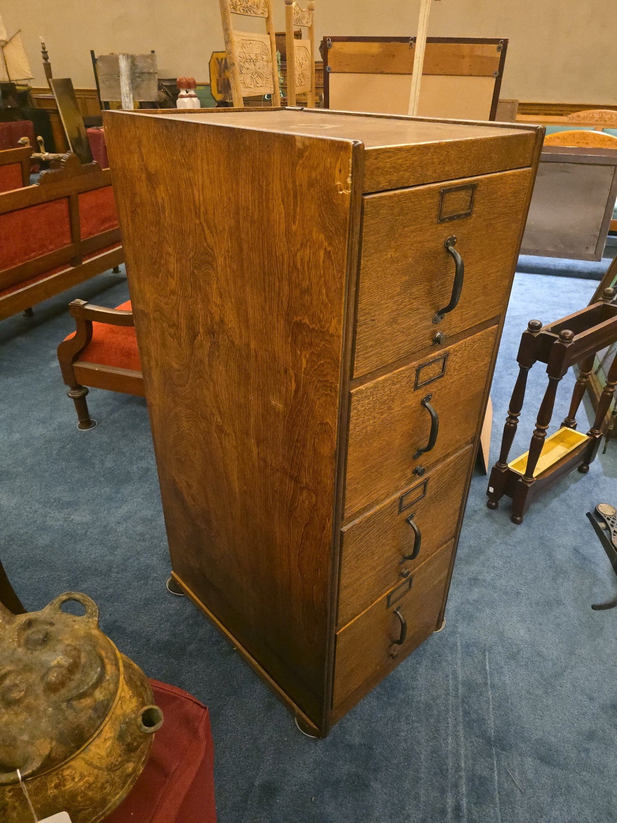 Antique Oak Four-Drawer Filing Cabinet