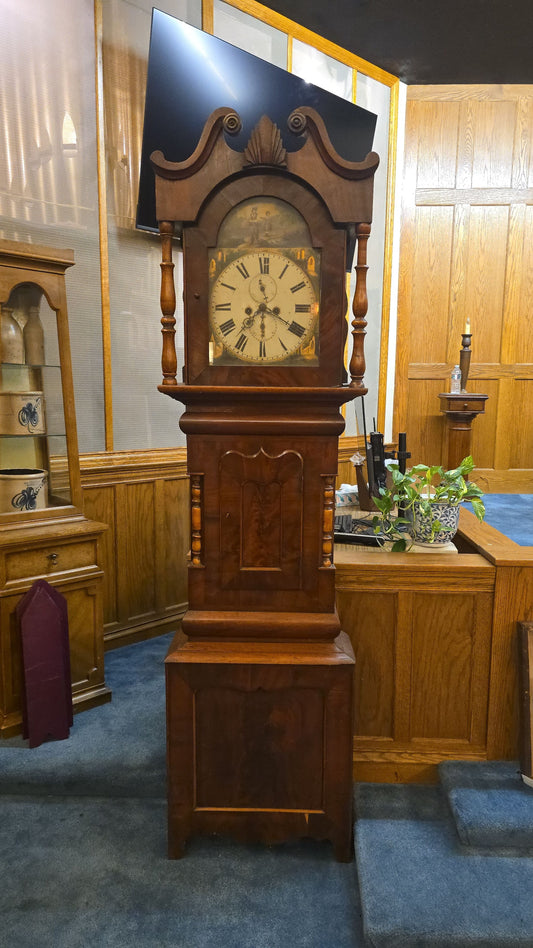 Antique Tall Case Grandfather Clock with Hand-Painted Dial Titled "Leading the Way"
