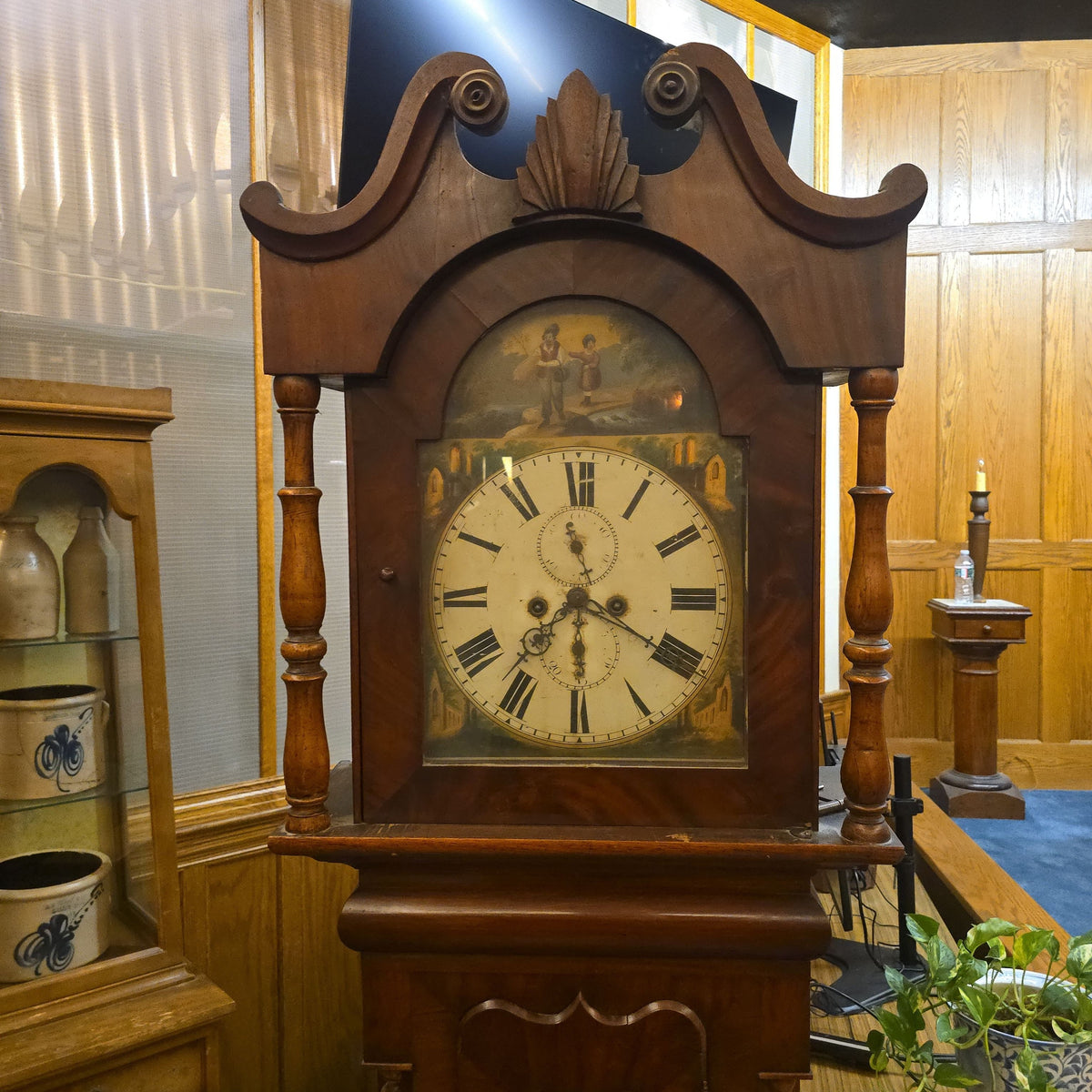 Antique Tall Case Grandfather Clock with Hand-Painted Dial Titled "Leading the Way"