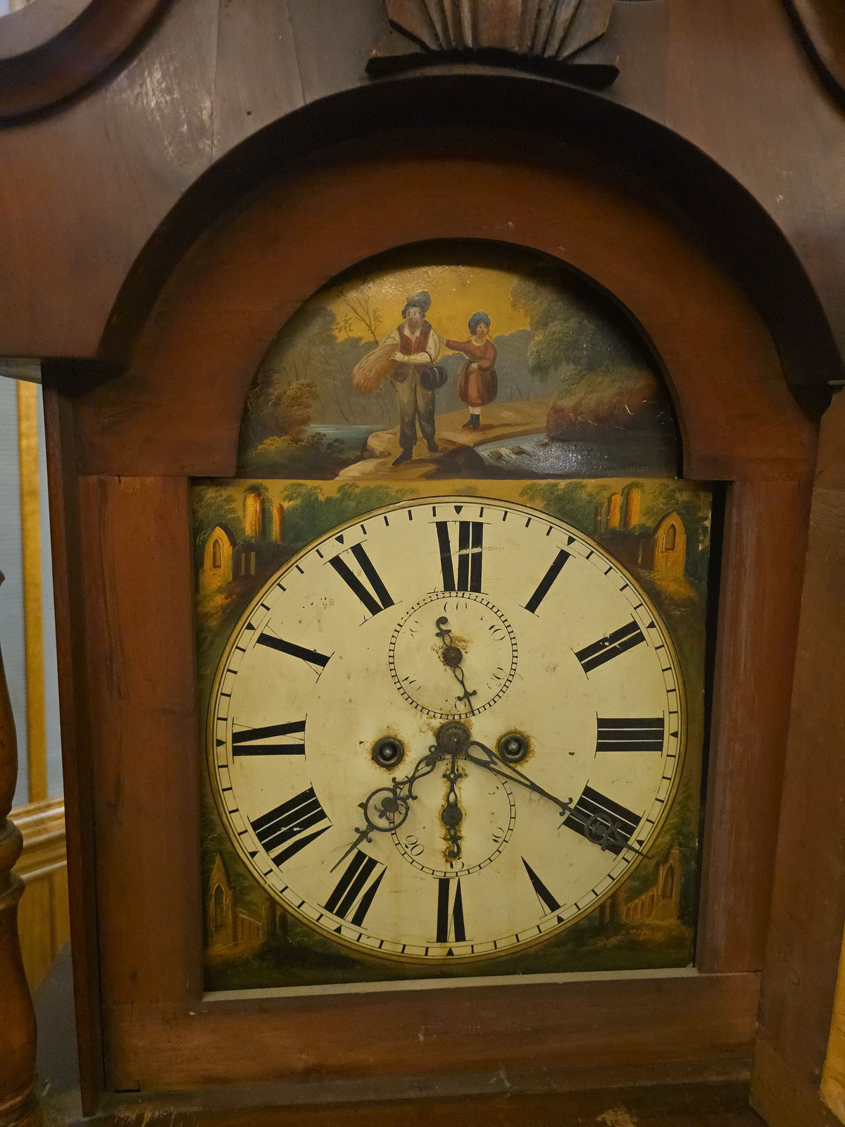 Antique Tall Case Grandfather Clock with Hand-Painted Dial Titled "Leading the Way"