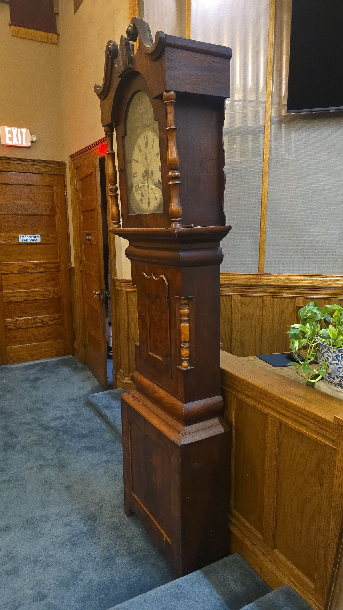 Antique Tall Case Grandfather Clock with Hand-Painted Dial Titled "Leading the Way"