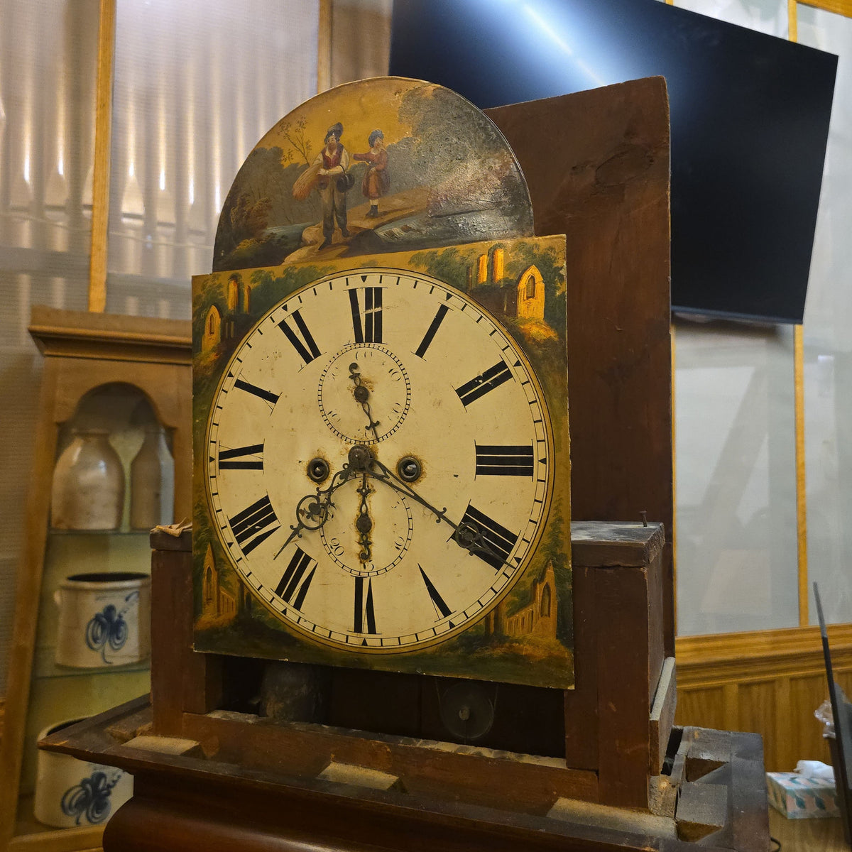 Antique Tall Case Grandfather Clock with Hand-Painted Dial Titled "Leading the Way"