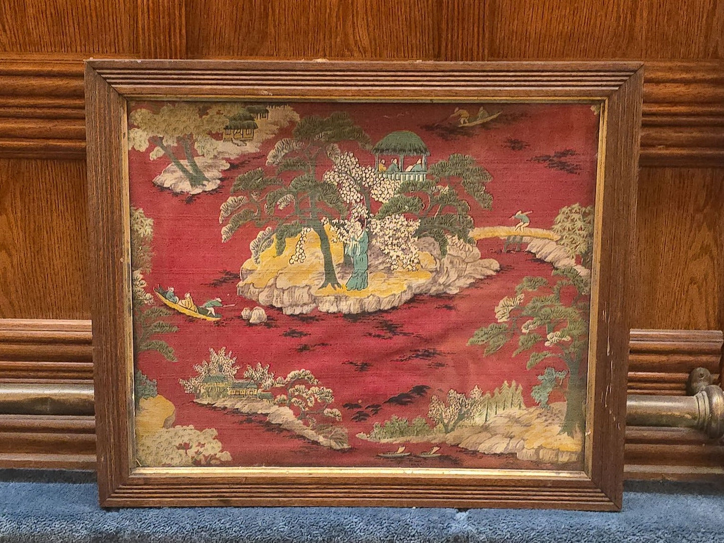 Vintage Framed Chinoiserie Textile Panel with Red Ground