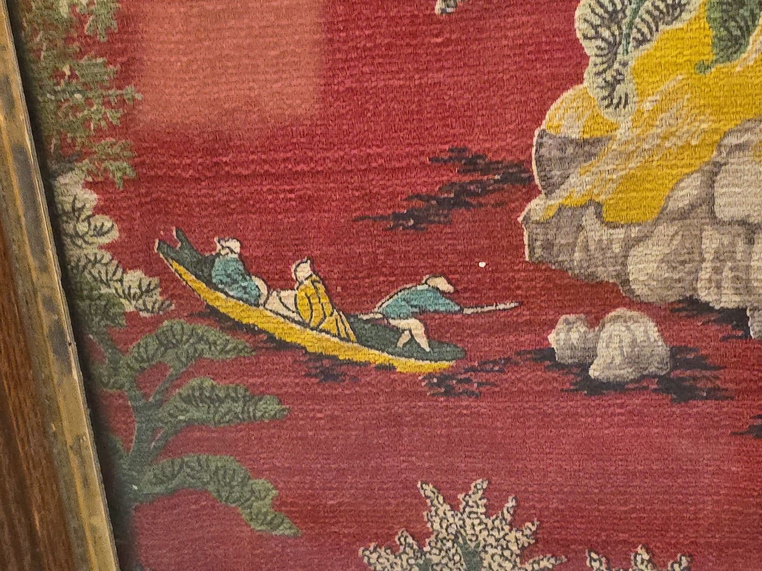 Vintage Framed Chinoiserie Textile Panel with Red Ground