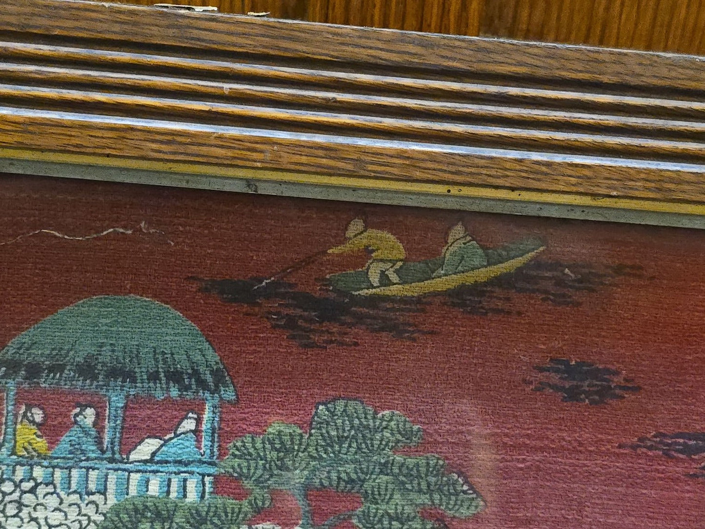 Vintage Framed Chinoiserie Textile Panel with Red Ground