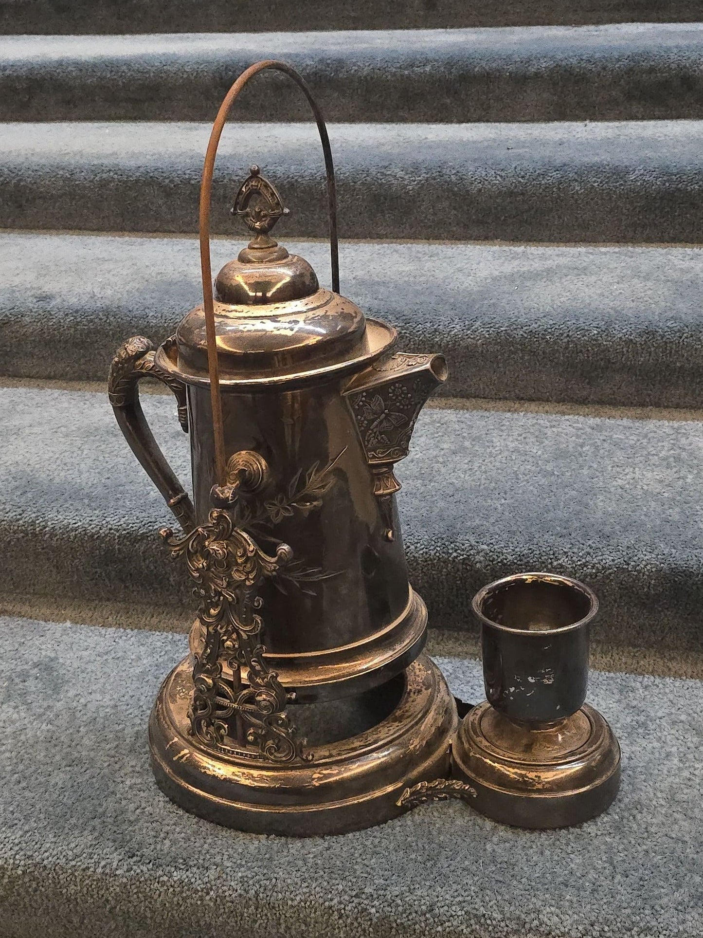 Antique Silver-Plated Tilting Ice Water Pitcher on Stand with Cup, Manufactured by Lexington Silver Plate Co.