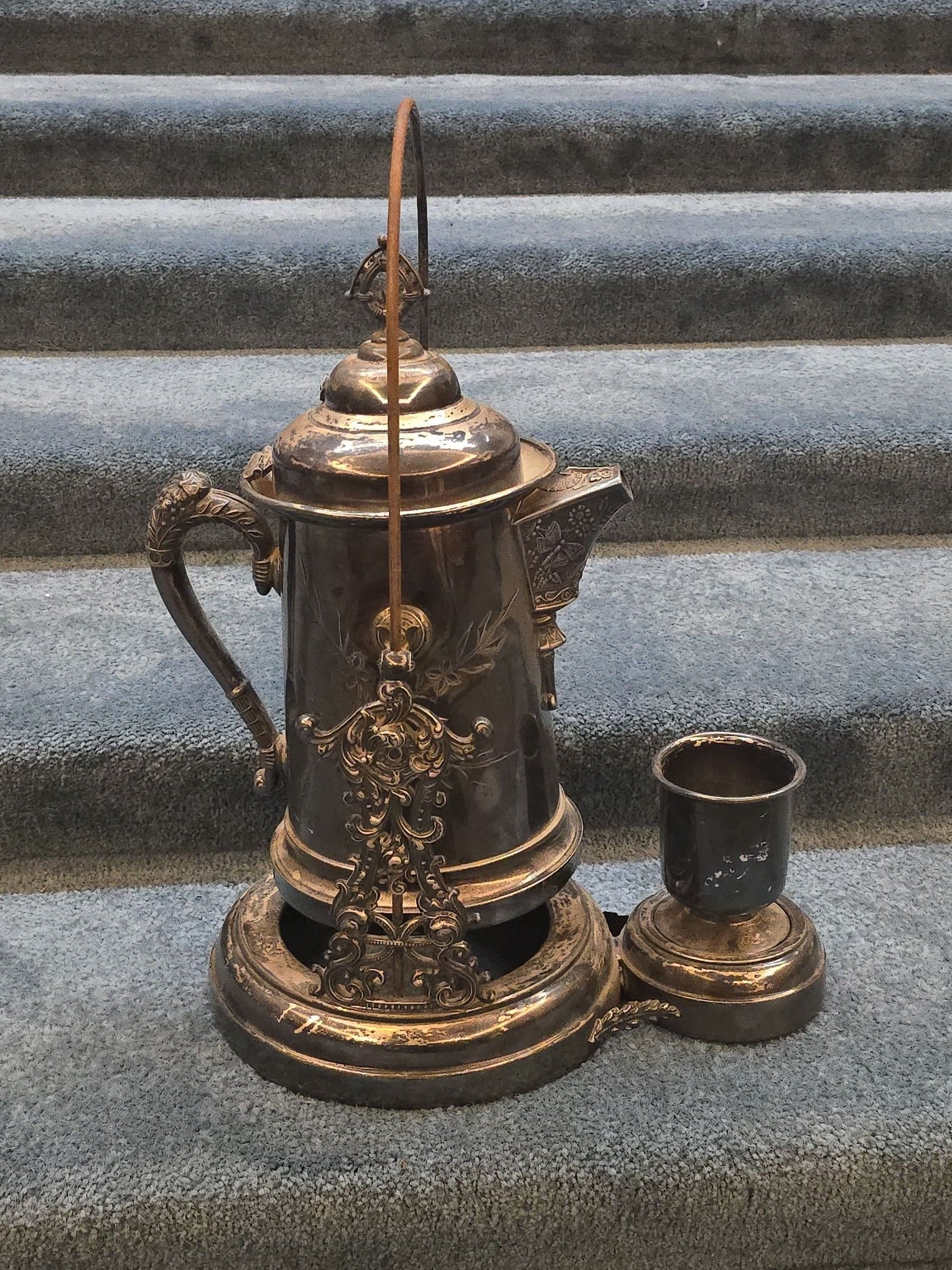 Antique Silver-Plated Tilting Ice Water Pitcher on Stand with Cup, Manufactured by Lexington Silver Plate Co.