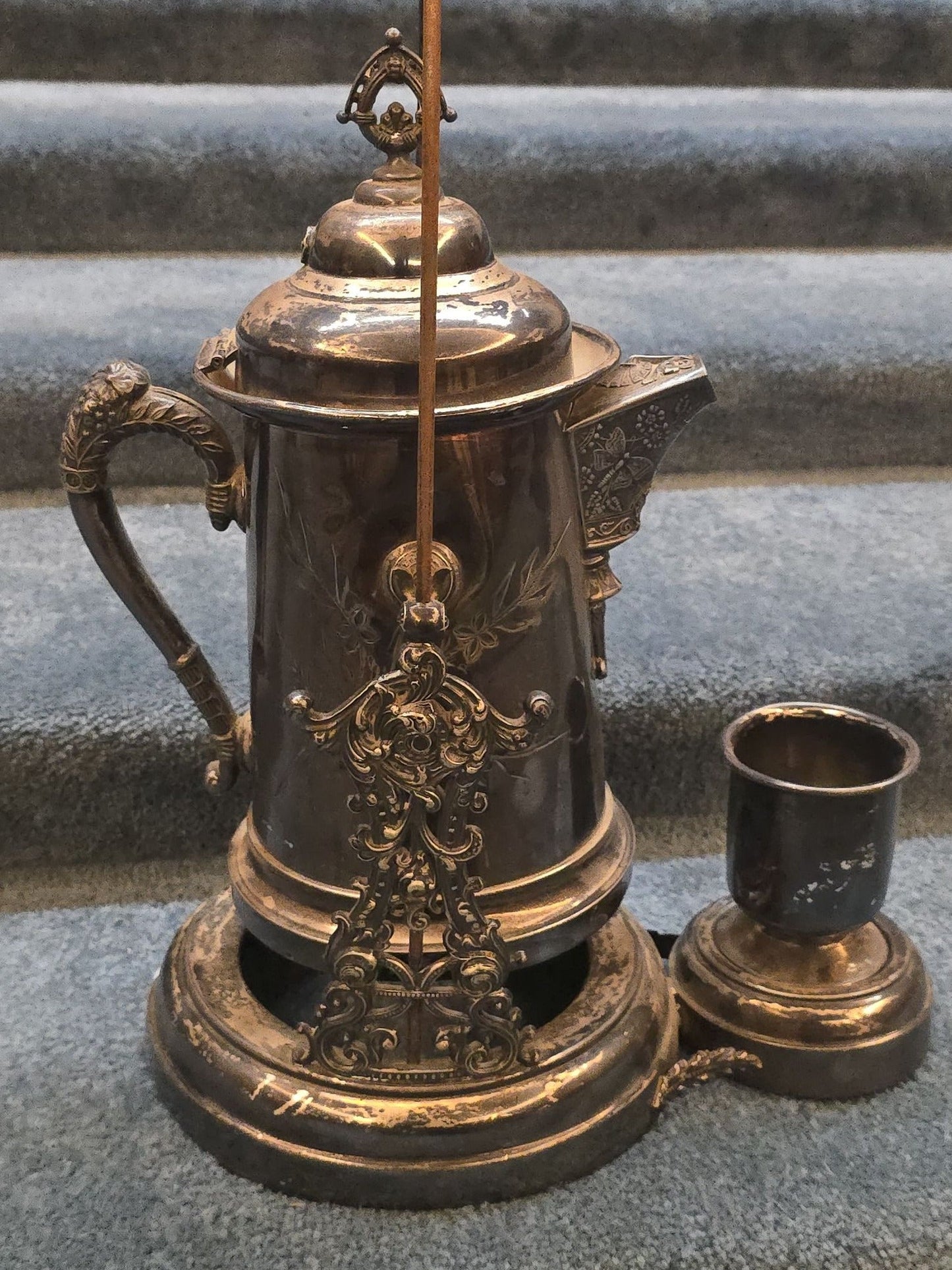 Antique Silver-Plated Tilting Ice Water Pitcher on Stand with Cup, Manufactured by Lexington Silver Plate Co.