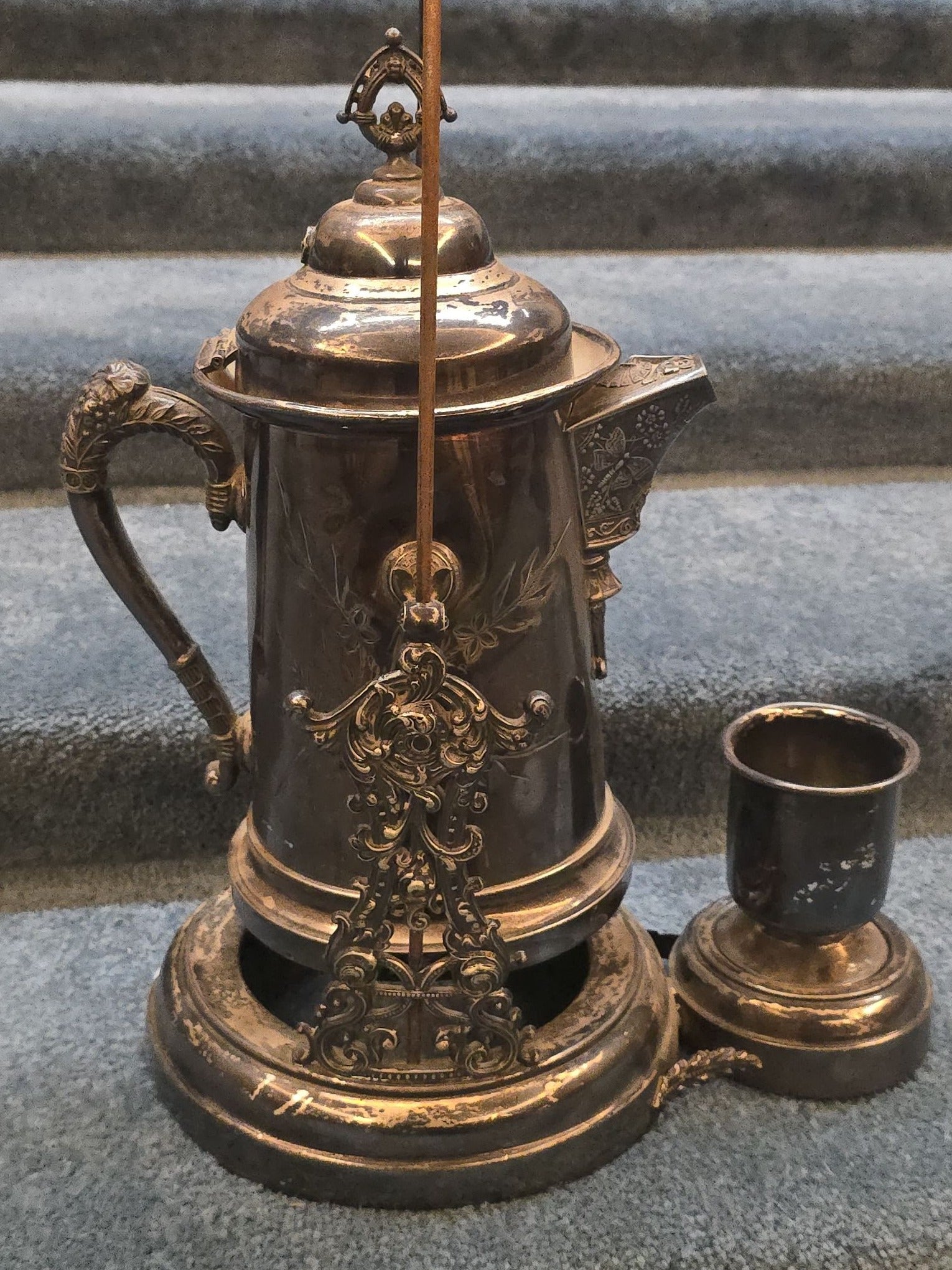 Antique Silver-Plated Tilting Ice Water Pitcher on Stand with Cup, Manufactured by Lexington Silver Plate Co.