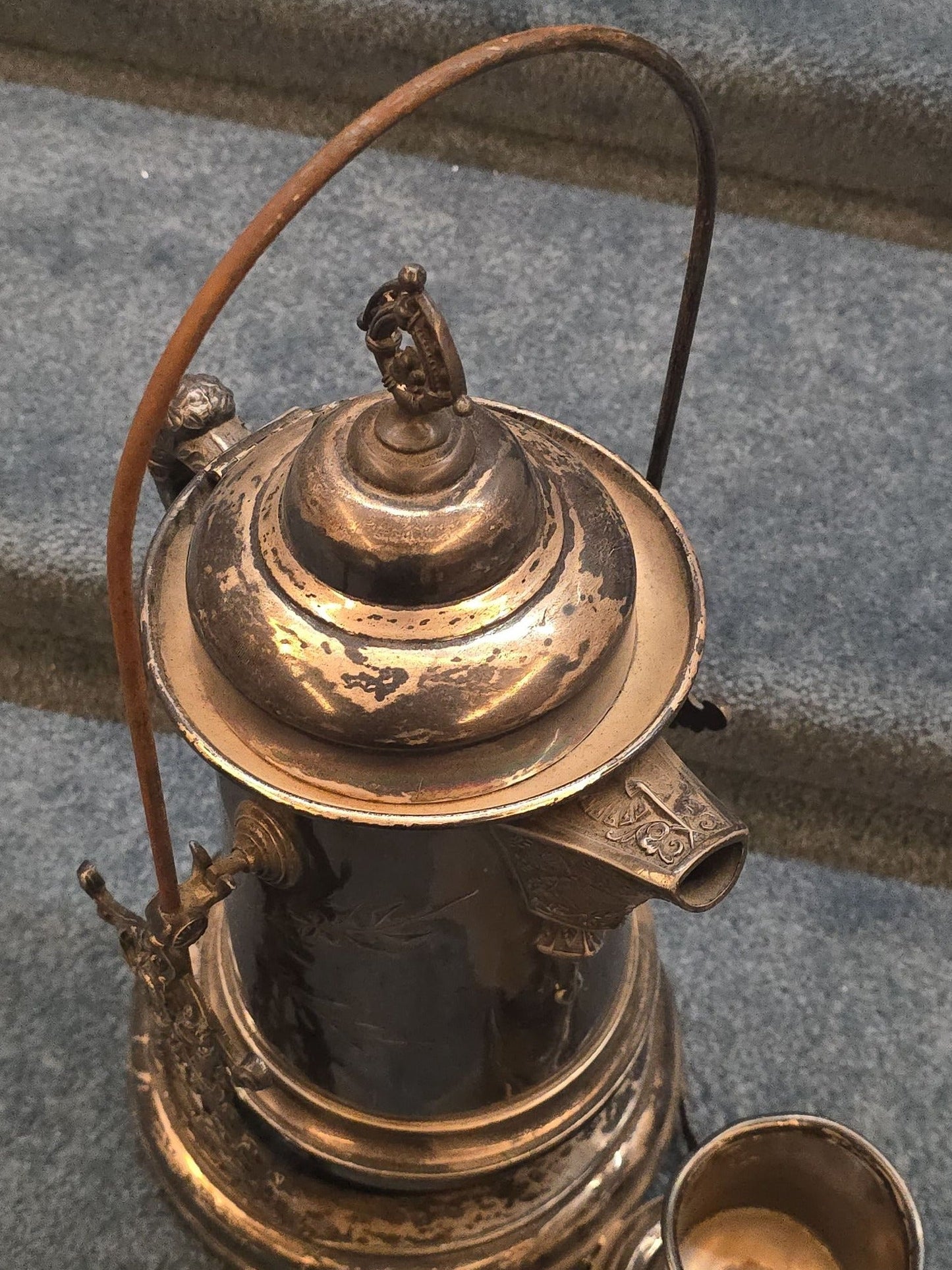 Antique Silver-Plated Tilting Ice Water Pitcher on Stand with Cup, Manufactured by Lexington Silver Plate Co.