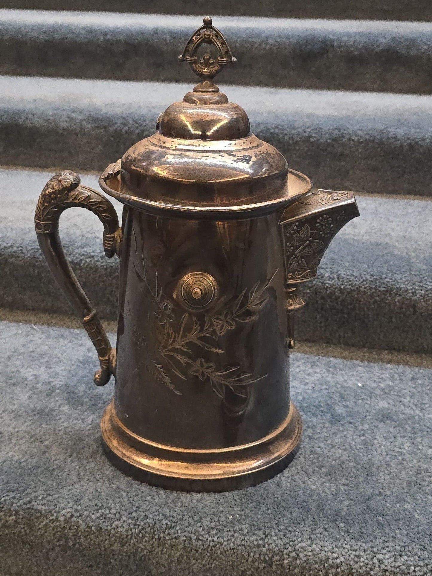 Antique Silver-Plated Tilting Ice Water Pitcher on Stand with Cup, Manufactured by Lexington Silver Plate Co.