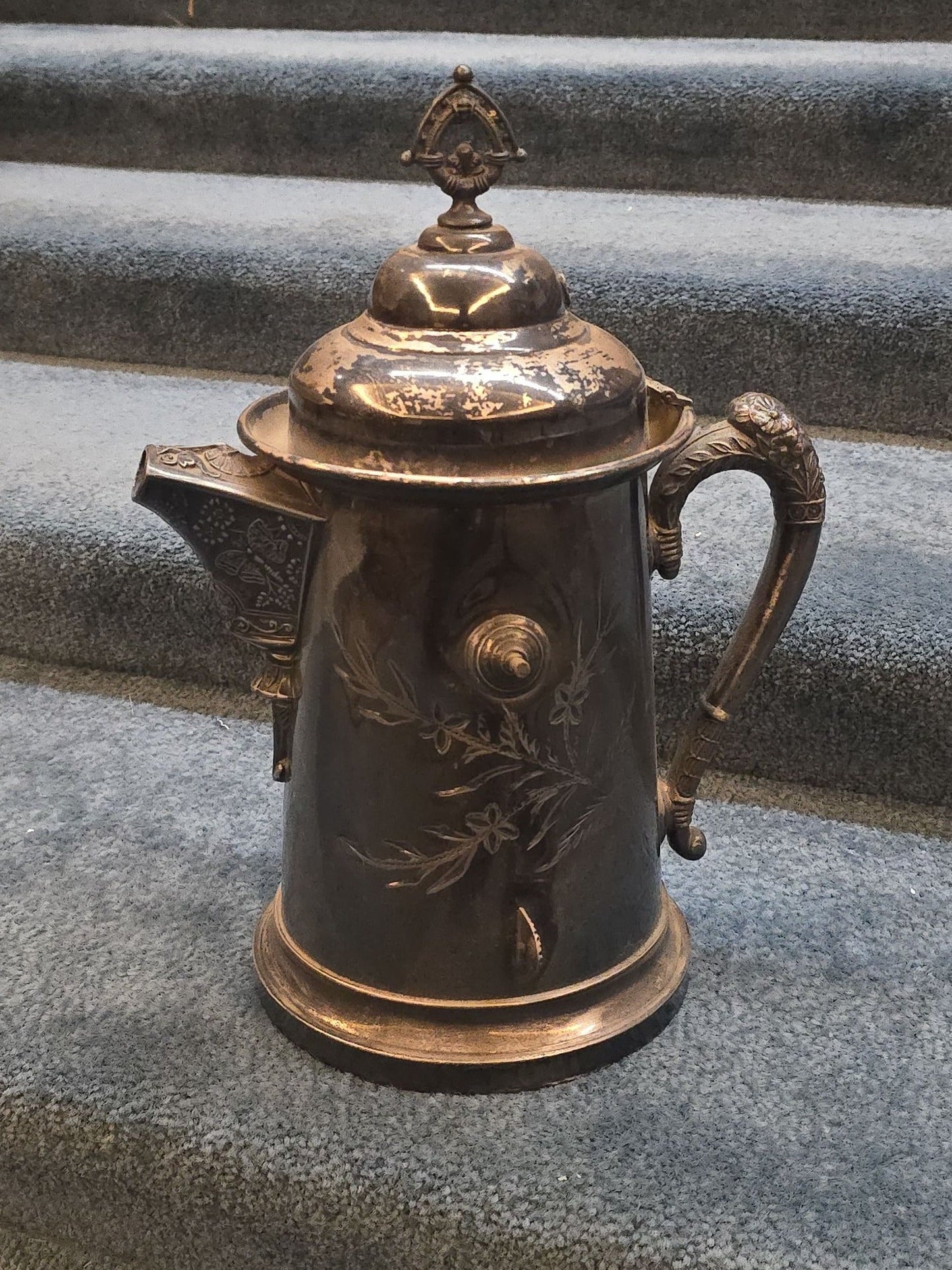 Antique Silver-Plated Tilting Ice Water Pitcher on Stand with Cup, Manufactured by Lexington Silver Plate Co.
