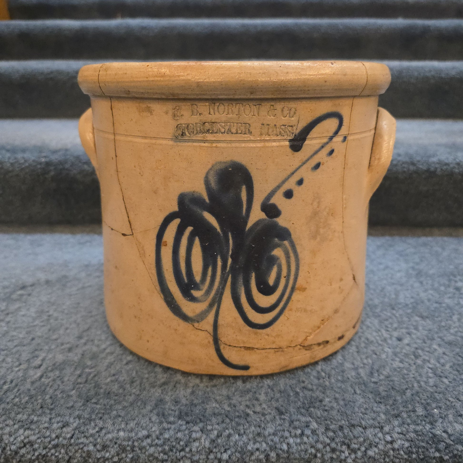 Antique F.B. Norton & Co. Worcester, Massachusetts Stoneware Crock with Cobalt Decoration, Note Damage