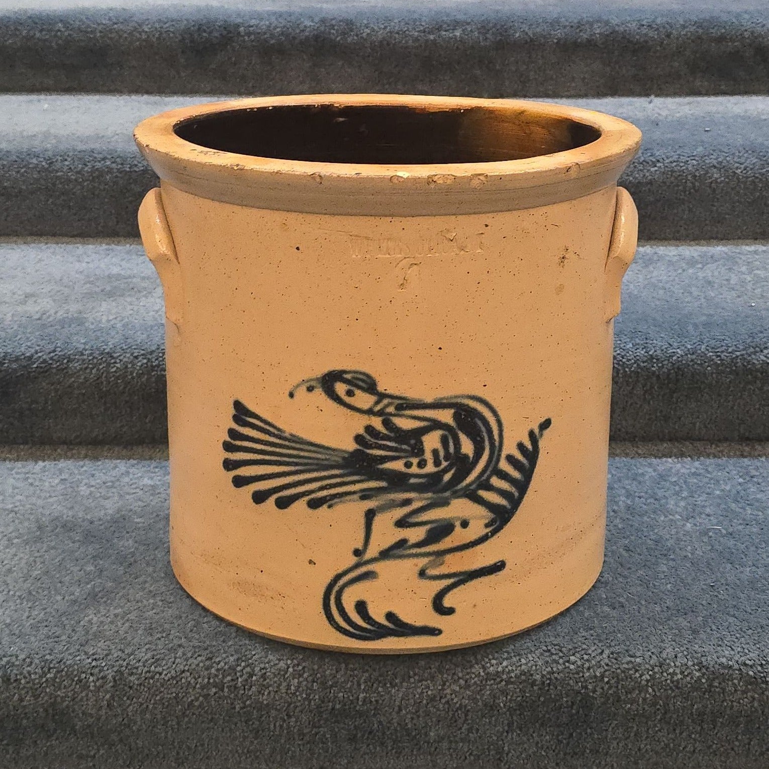Antique Whites Utica, New York Four-Gallon Stoneware Crock with Cobalt Bird Decoration, Note Damage