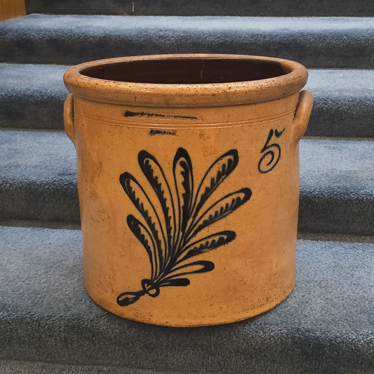 Antique T. Harrington, Lyons, New York Five-Gallon Stoneware Crock with Cobalt Fern Decoration, Note Damage