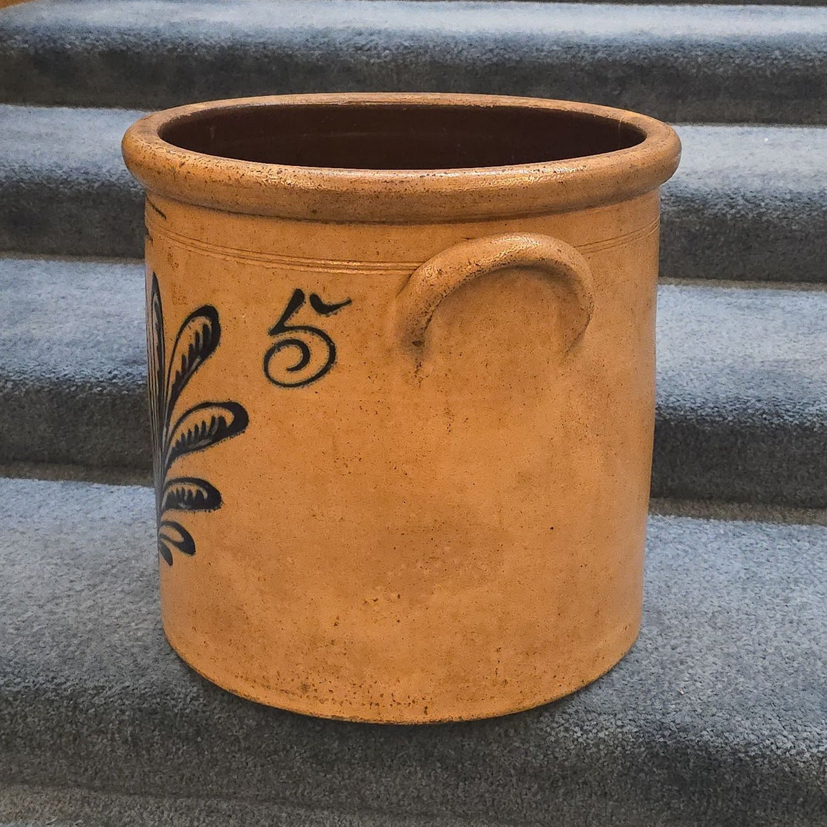 Antique T. Harrington, Lyons, New York Five-Gallon Stoneware Crock with Cobalt Fern Decoration, Note Damage