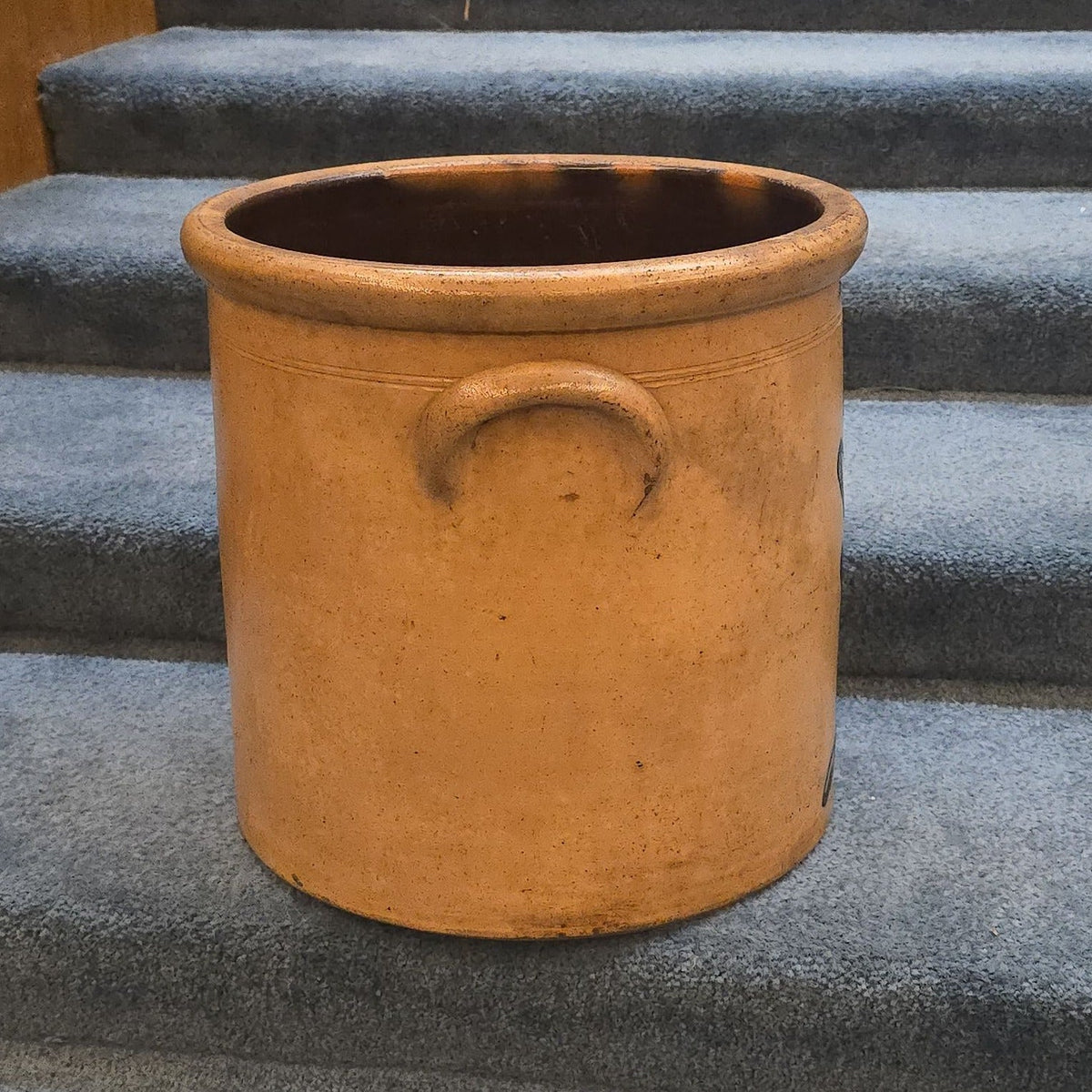 Antique T. Harrington, Lyons, New York Five-Gallon Stoneware Crock with Cobalt Fern Decoration, Note Damage