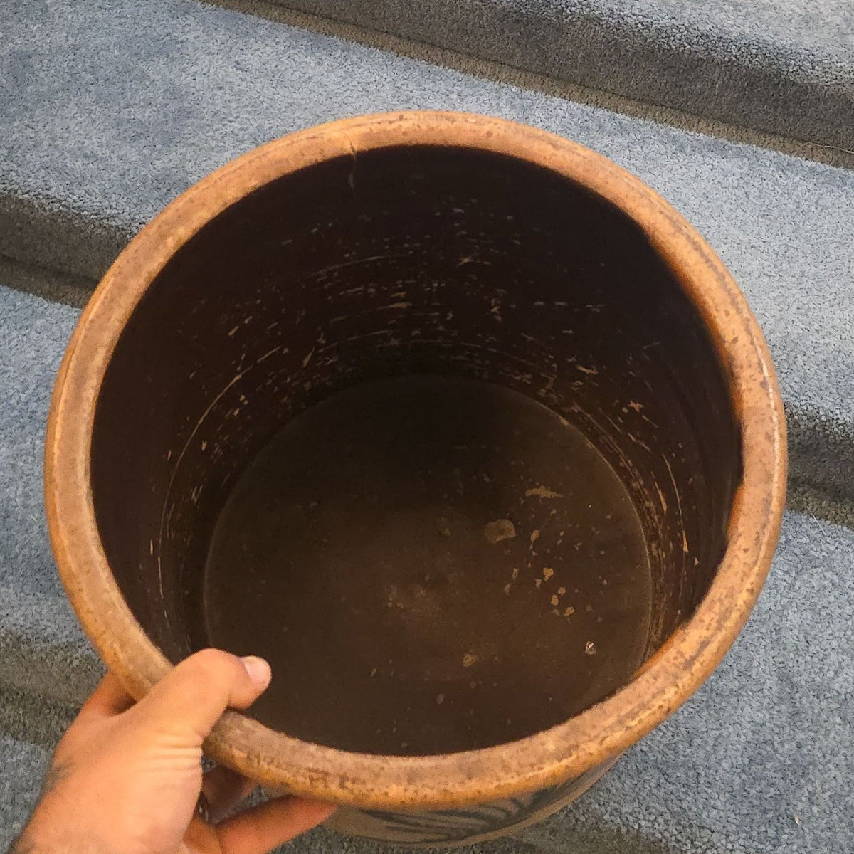 Antique T. Harrington, Lyons, New York Five-Gallon Stoneware Crock with Cobalt Fern Decoration, Note Damage