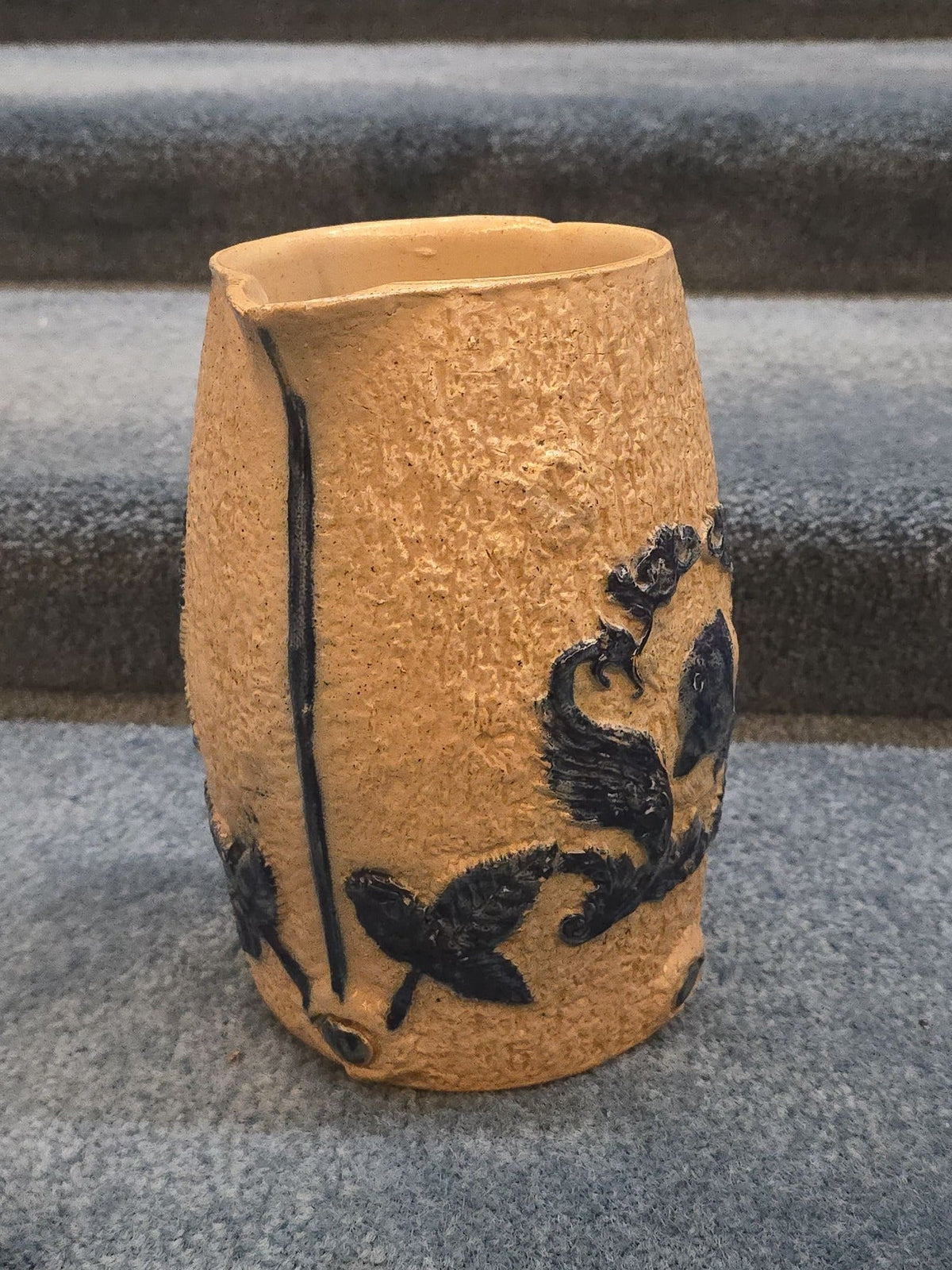 Antique Stoneware Pitcher with Applied Cobalt Griffin and Rose Decoration
