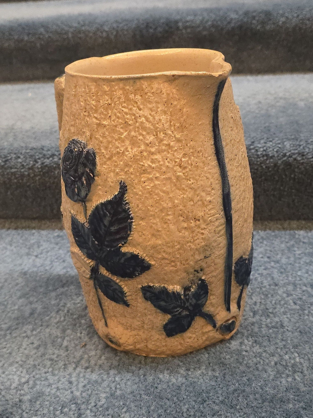 Antique Stoneware Pitcher with Applied Cobalt Griffin and Rose Decoration