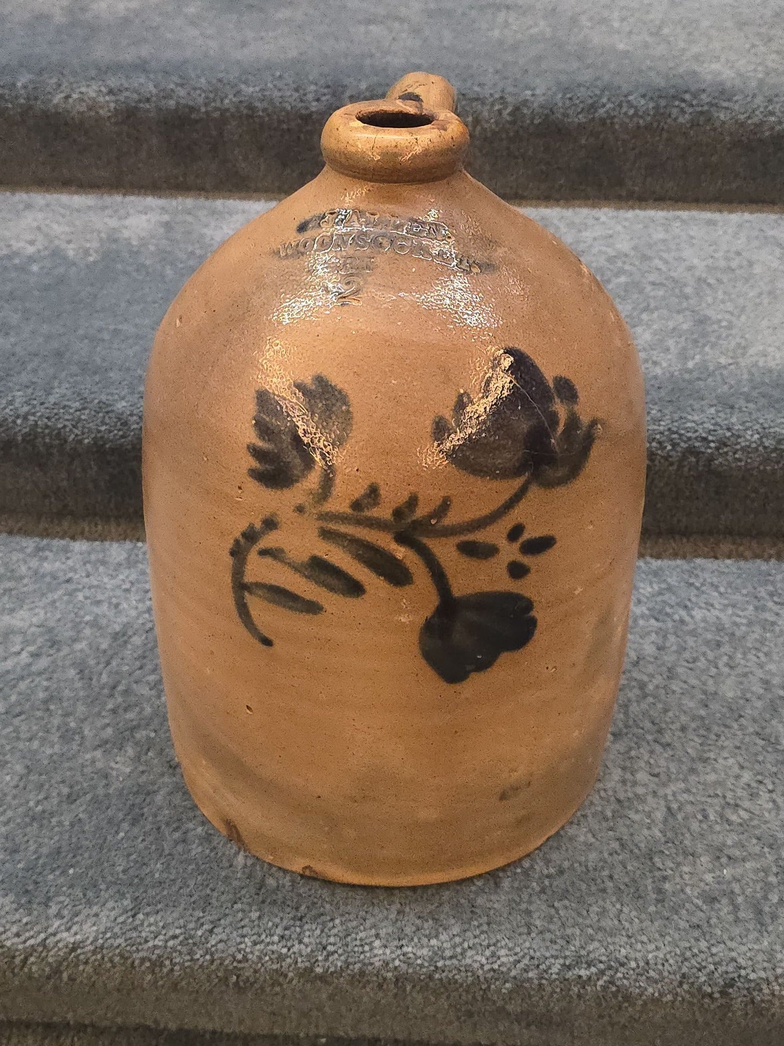 Antique J. Allen, Woonsocket, Rhode Island Two-Gallon Stoneware Jug with Cobalt Floral Decoration, Note Damage